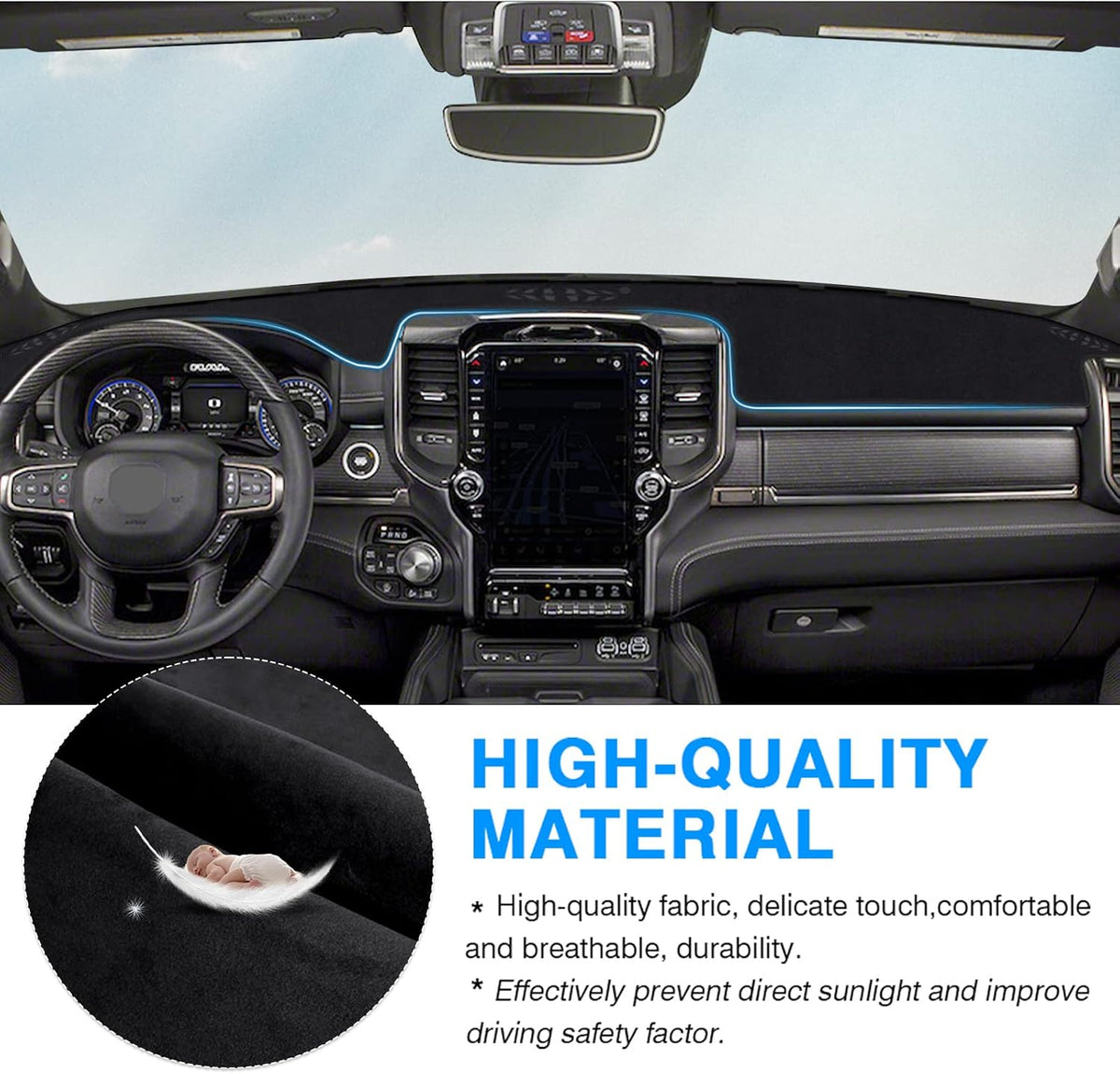 Autorder Dashboard Cover Mat for 2019-2023 2024 2025 2026 Dodge Ram 1500 2500 3500 Accessories Dash Cover Flannel Dash Mat Sunshade Glare UV Rays Protector Black