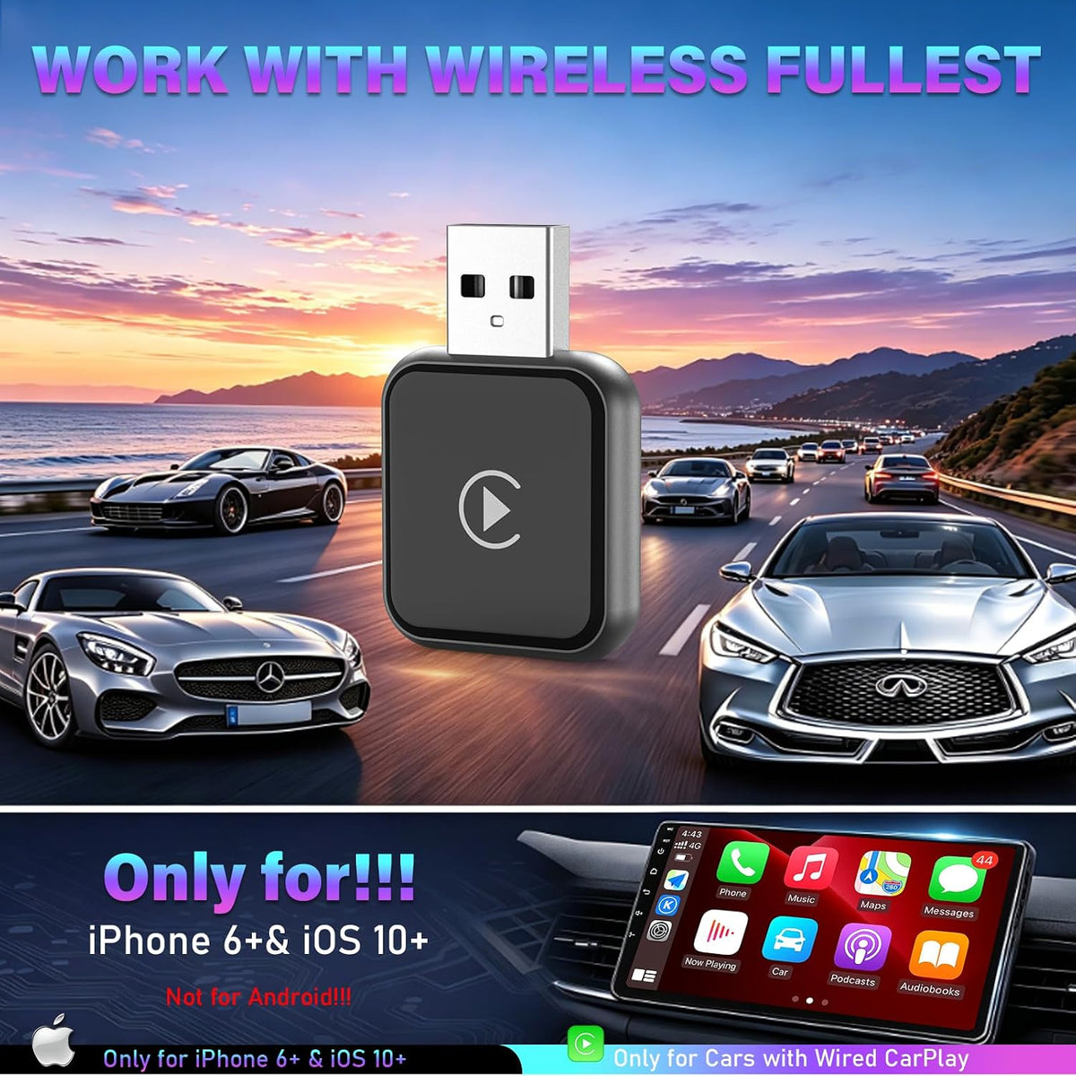Wireless Carplay Adapter for iPhone/Android Latest Upgrade，Play Plug & Play