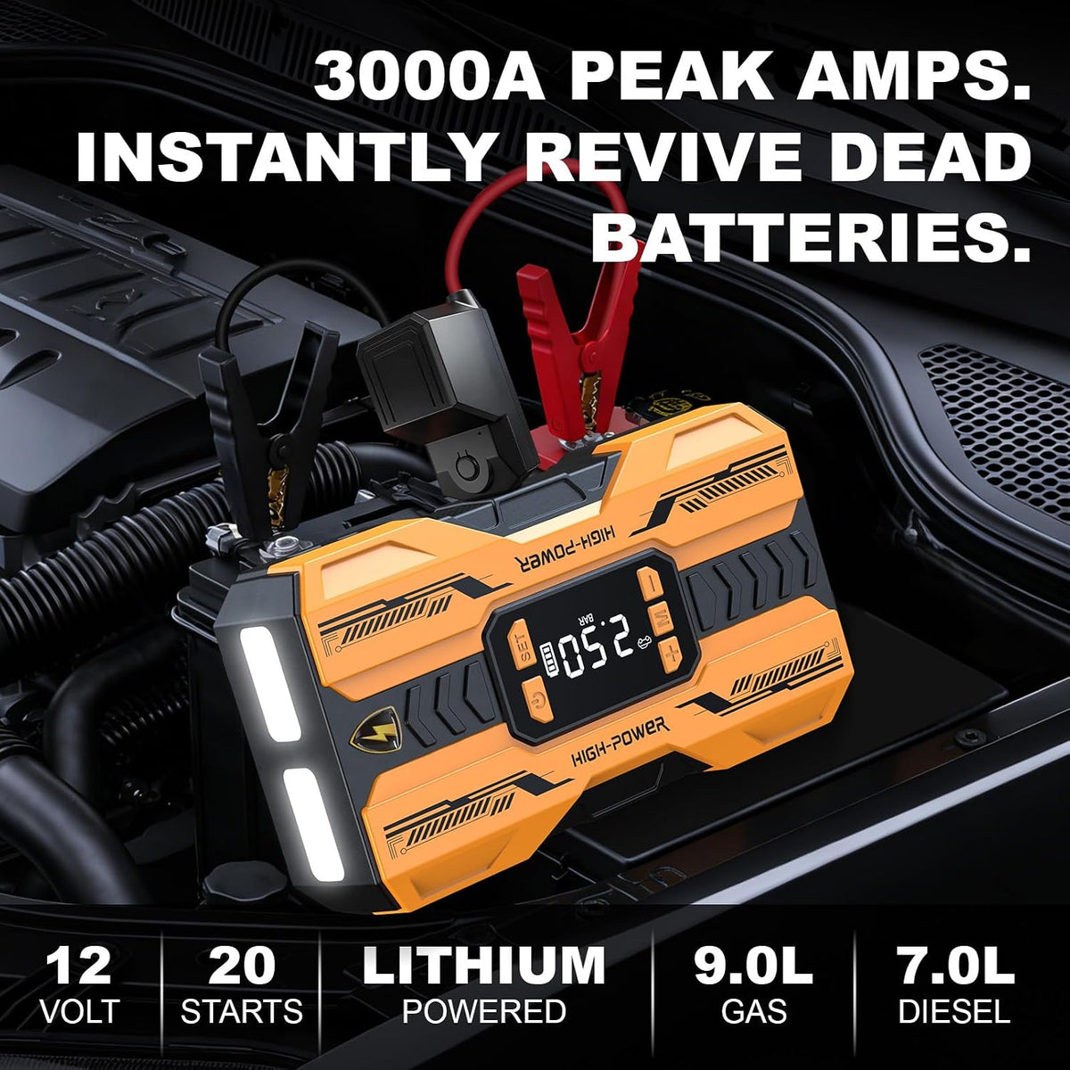 Nuynix Jump Starter with Air Compressor, 3000A Portable Car Battery Booster (Up to 9.0L Gas/7.0L Diesel) with 150PSI Auto-Shutoff Tire Inflator, 12V Lithium Jump Box, LED Display & Jumper Cables