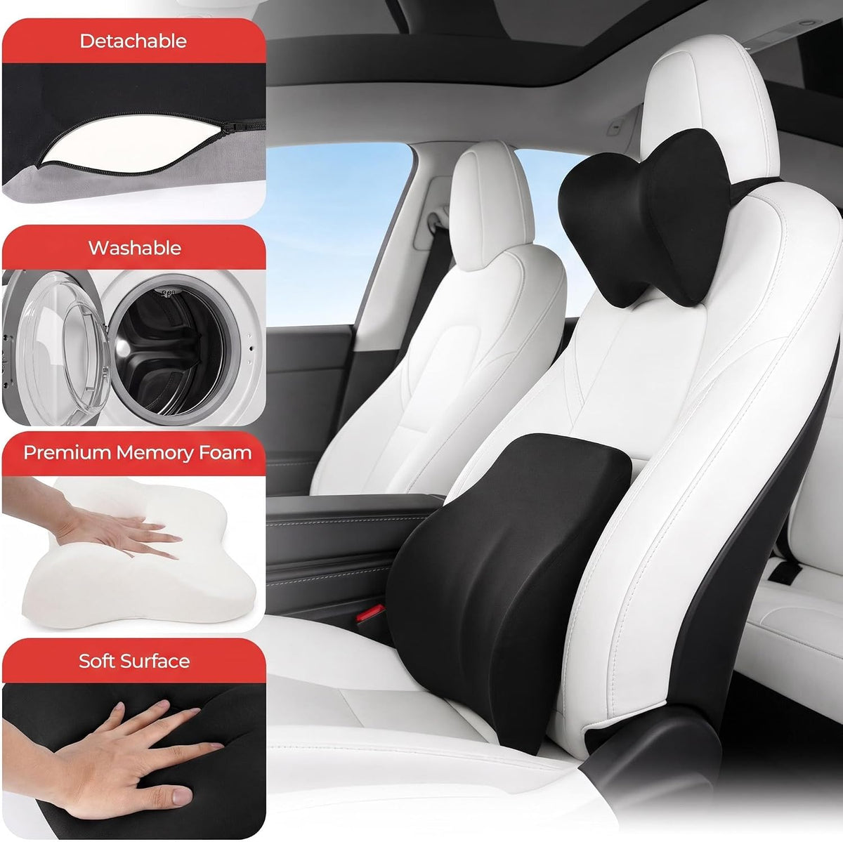 Car Headrest & Lumbar Support Set, Ergonomic Memory Foam Neck Pillow, Comfortable Travel Pillow for Car Truck SUV, Ideal for Long Driving (Gray) (Black)