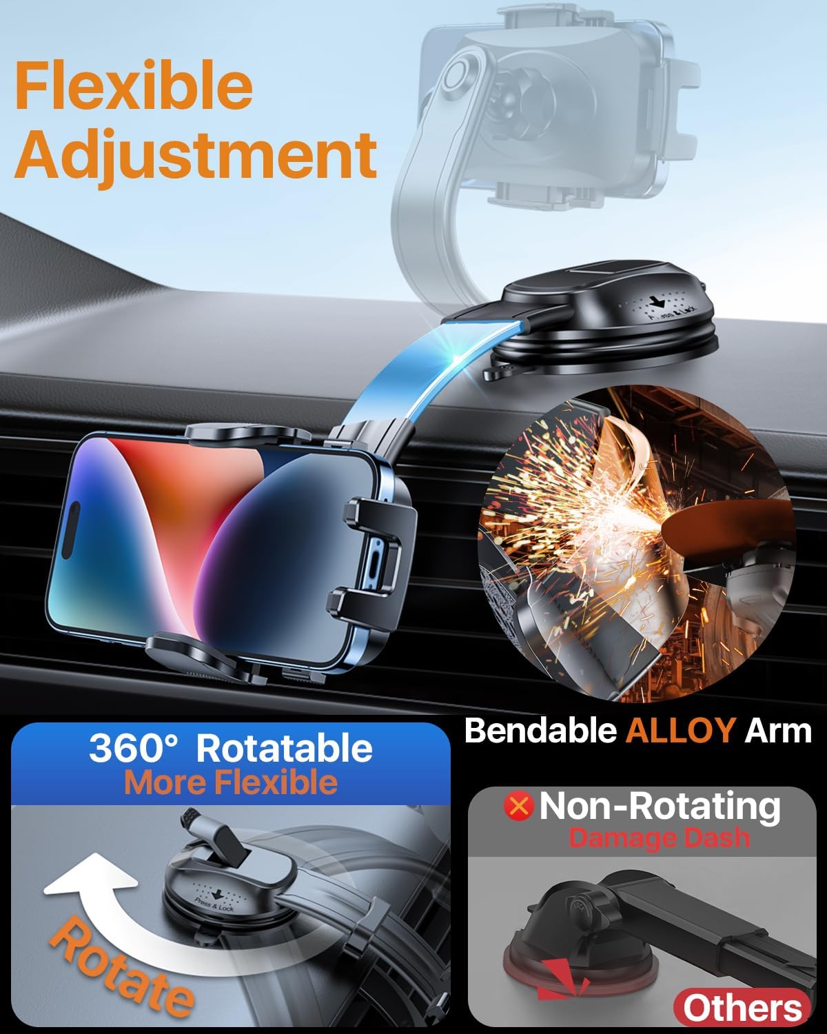 HTU Upgraded Strongest Suction No Block View Bendable Arm Car Phone Holder