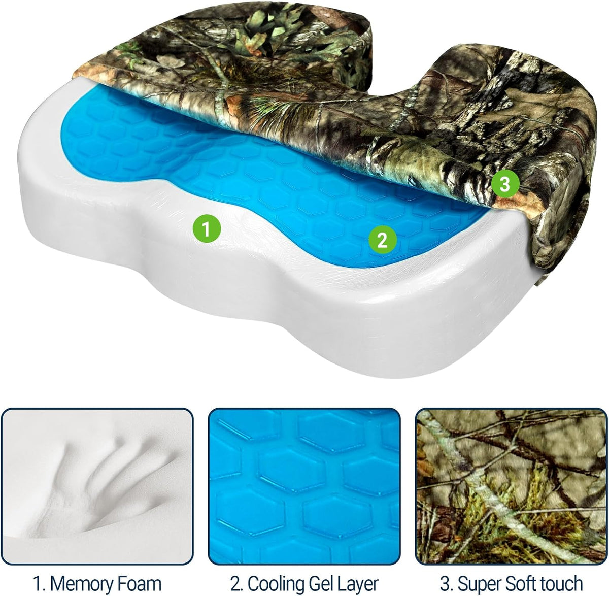 Season Guard Gel Memory Foam Seat Cushion for Tailbone Relief, Mossy Oak