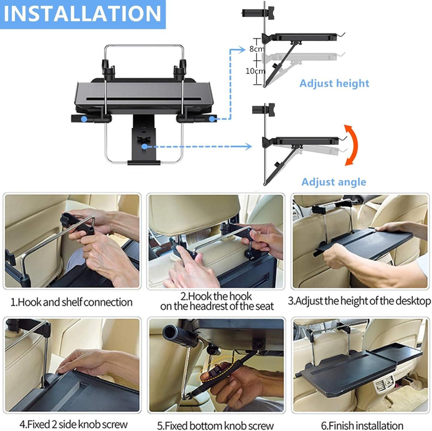 2 in 1 Car Steering Wheel Tray / Back Seat Headrest Tray for Eating Food Drink and Writing Laptop Work, XERGUR Black Car Desk