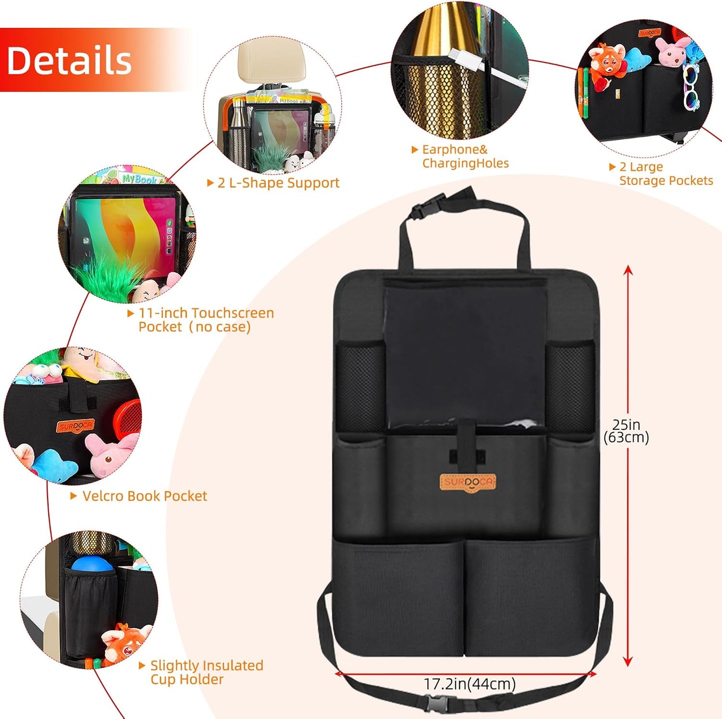 SURDOCA Car Organizers and Storage, Upgraded Car Seat Organizer with 11-inch Touch Screen Tablet Holder, Backseat Car Organizer with 8 Pockets, Car Seat Protector Road Trip Essentials for Kids