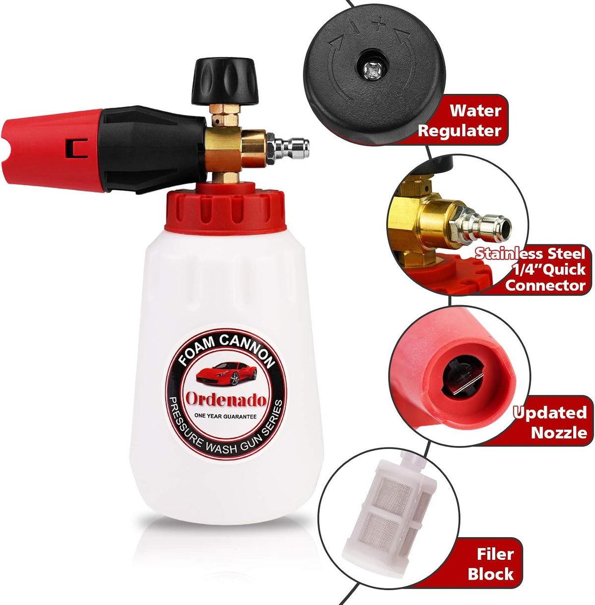 Ordenado Adjustable Foam Cannon 1 Liter Bottle Snow Lance Professional Car Wash Pressure Washer Gun Jet Wash Fit 1/4" Quick Connector Blaster Car Detailing Accessories 02