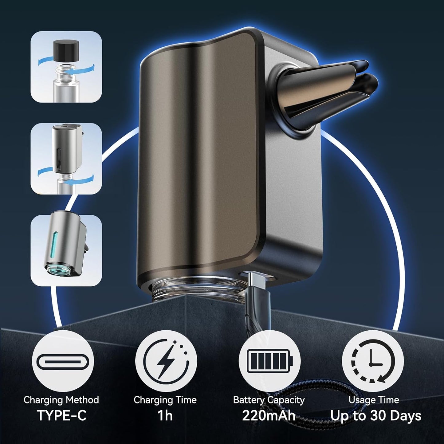 Smart Car Air Freshener & Essential Oil Diffuser – USB Rechargeable, Auto On/Off, with 6 Premium Oils | Long-Lasting Scent for Car, Office, Home