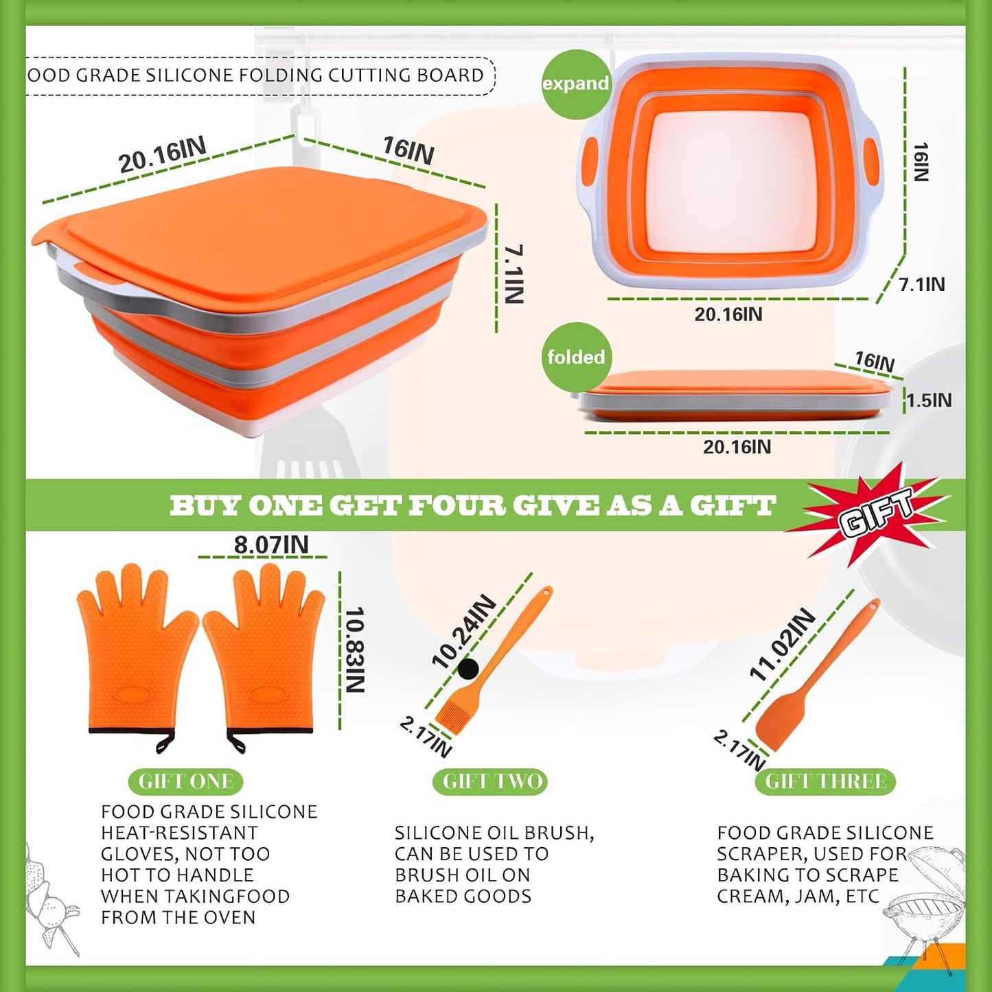 Collapsible BBQ Prep Tub with Lid & Cutting Board 16L - XL Meat Marinating Basin & Grill Carry System - 5pc Set with Heat Resistant Gloves, Basting Brush & Spatula(Orange, Large, 16L)