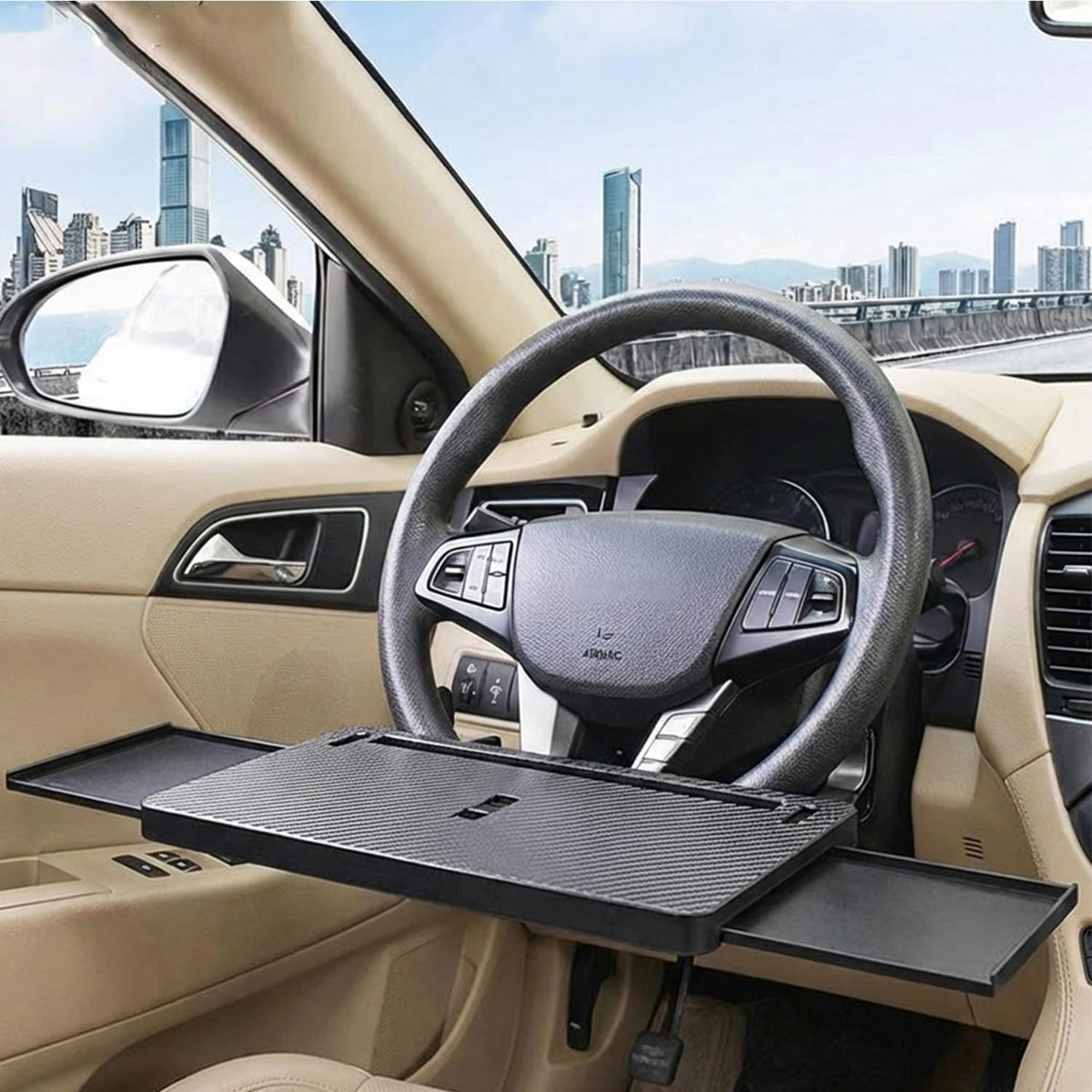 Car Back Seat Tray Table with Expandable Tray - 2-Sided Car Desk for Kids & Adults, Extra Wide & Sturdy Headrest Mount with Non-Slip Pad, Tablet/Laptop Holder for Road Trip(Carbon fiber front panel)