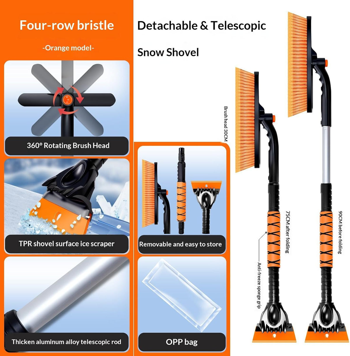 2-in-1 Snow Brush for Car with Ice Scraper Extendable & Removable 360° Pivoting Brush Head, EVA Foam Grip for SUV, Trucks, Auto