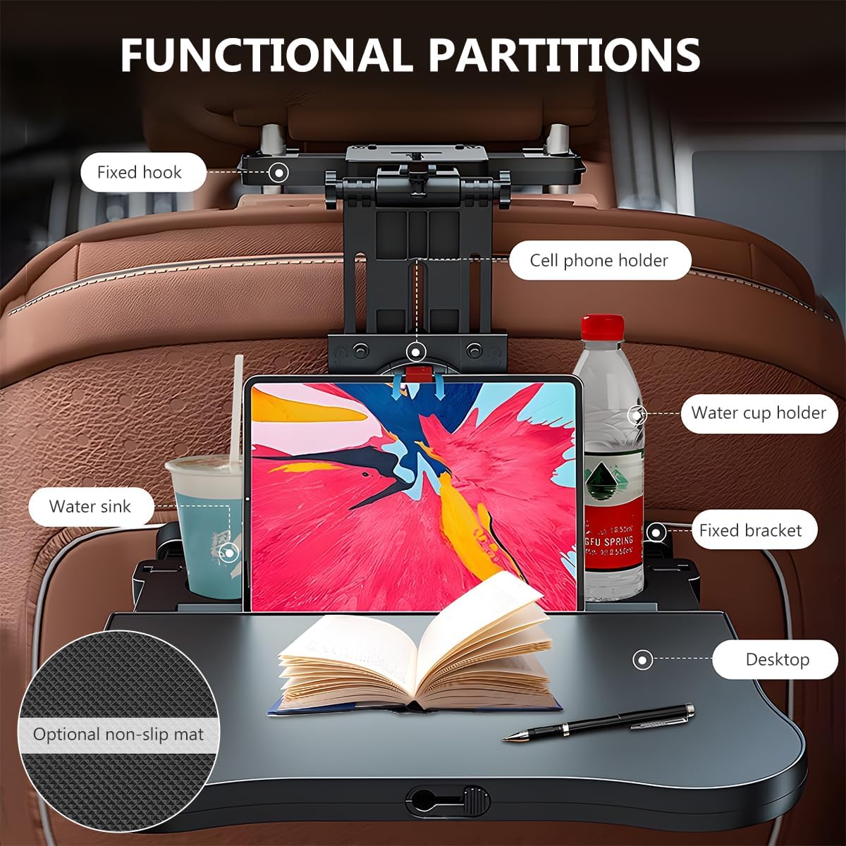 Car Seat Tray Table, Foldable Travel Tray Auto Backseat Laptop Desk with Non-Slip Pad, Multifunctional Adjustable Headrest Trays for Rear Passenger Road Trip Eating &amp; Work