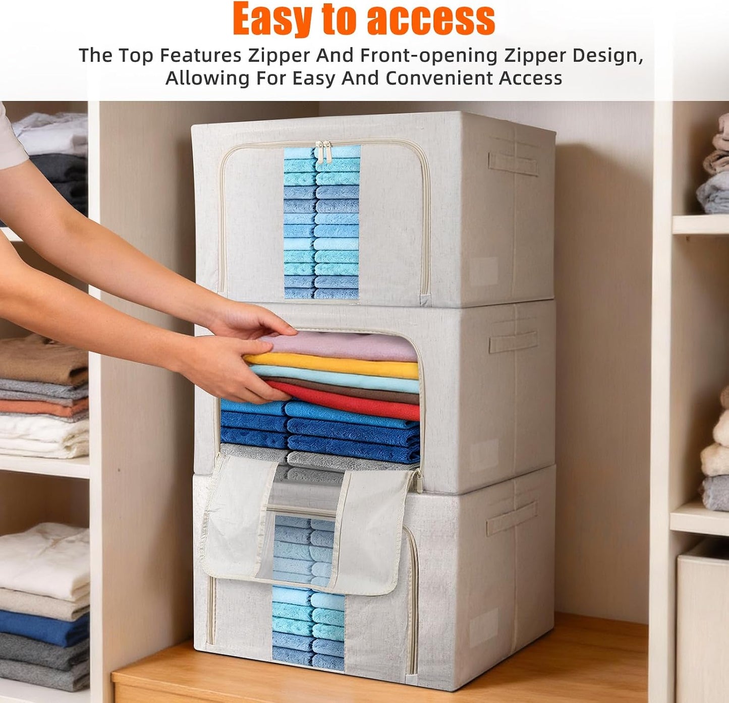 Foldable Clothes Storage Bins with Solid core powder-coated steel fram, 24/ 66L Storage Bags Fabric Box Organizer with Clear Window Zippers Sturdy Handles 2 Pack (Beige, 66L 1Pack)