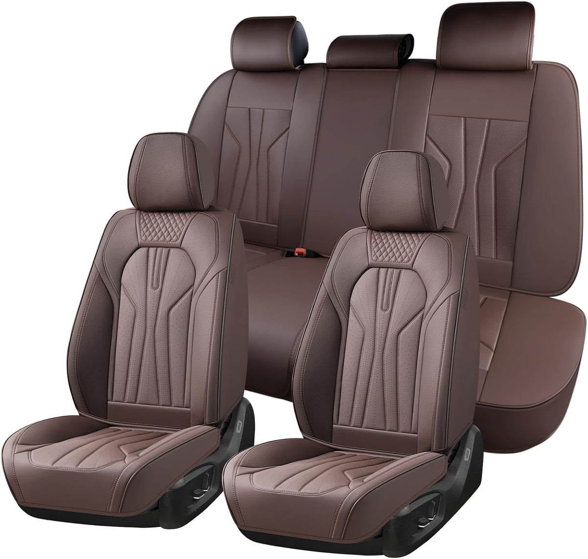 Huidasource Leather Car Seat Covers Full Set 5 Seats, Waterproof Faux Leather Front & Rear Seat Cover with Headrest, Non-Slip Automotive Seat Covers Fit for Most Cars Trucks SUV, Coffee