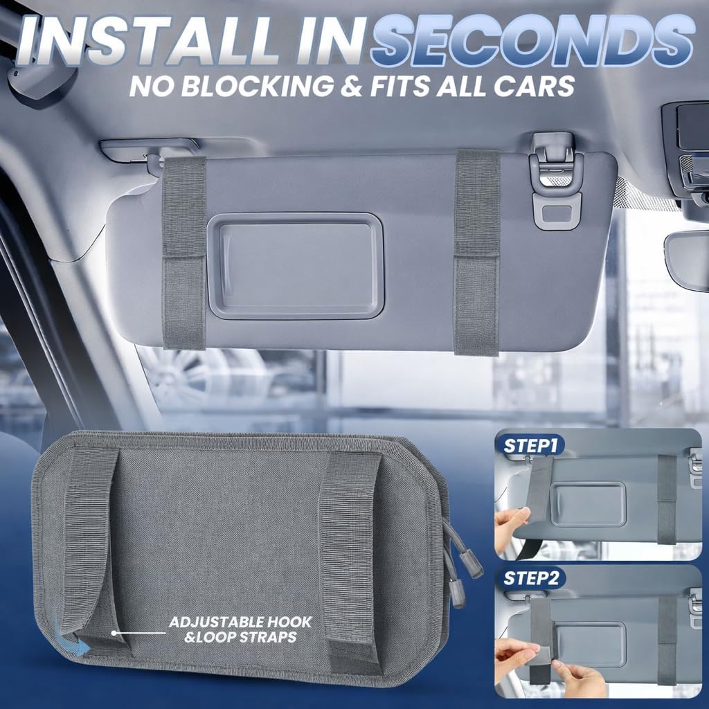 LEPHYON Molle Visor Organizer for Car, 1000D Polyester Heavy Duty Car Visor Organizer with Sunglasses Holder, Pockets, Adjustable Straps, Perfect Truck Accessories, Pickup Patrol Gear Storage (Grey)