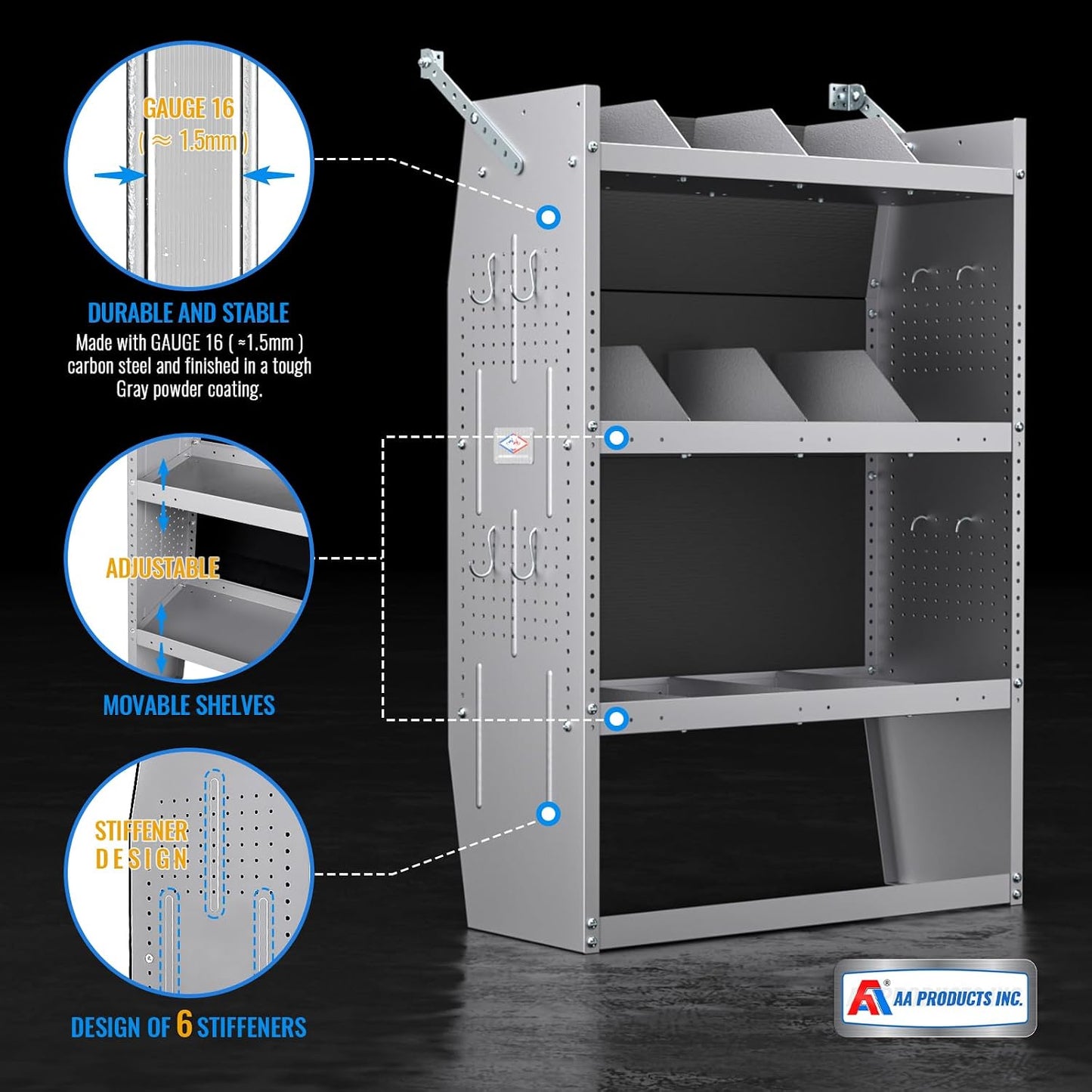 AA Products Inc. SH-4603 Steel Low/Mid/High Roof Van Shelving Storage System Fits Transit, GM, NV, Promaster and Sprinter, Contoured Shelving Unit, 32" W x 46" H x 13" D