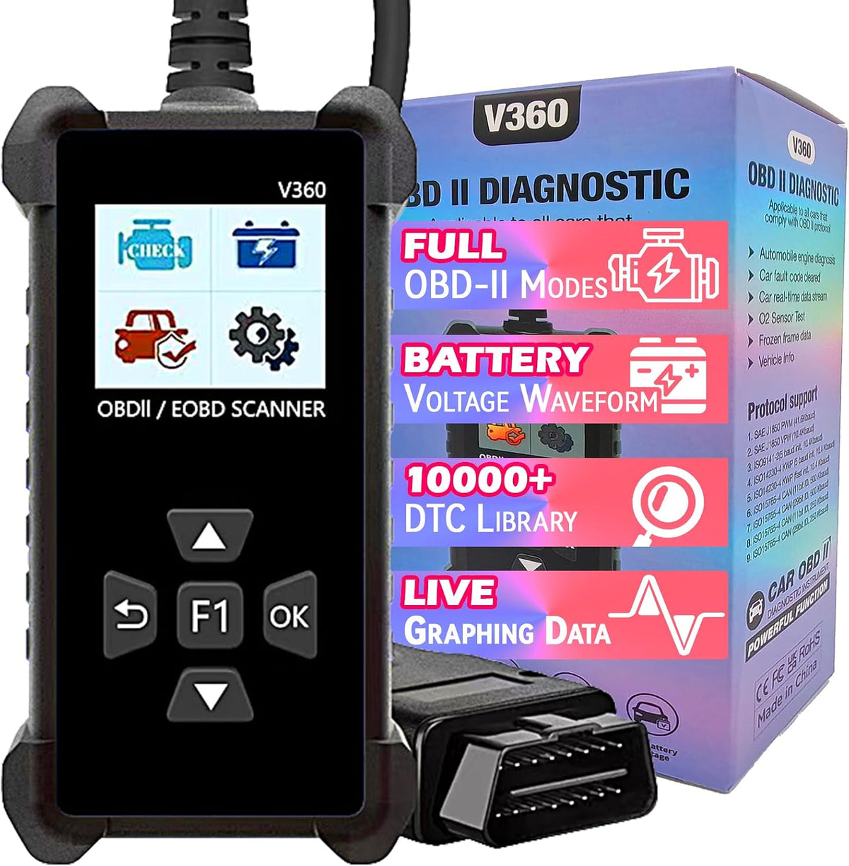 OBD2 Scanner Car Code Reader with Voltage Test - Read & Erase Check Engine Light Fault Codes, Live Data/Freeze Frame, Plug-and-Play CAN Diagnostic Tool for All Cars 1996 & Newer