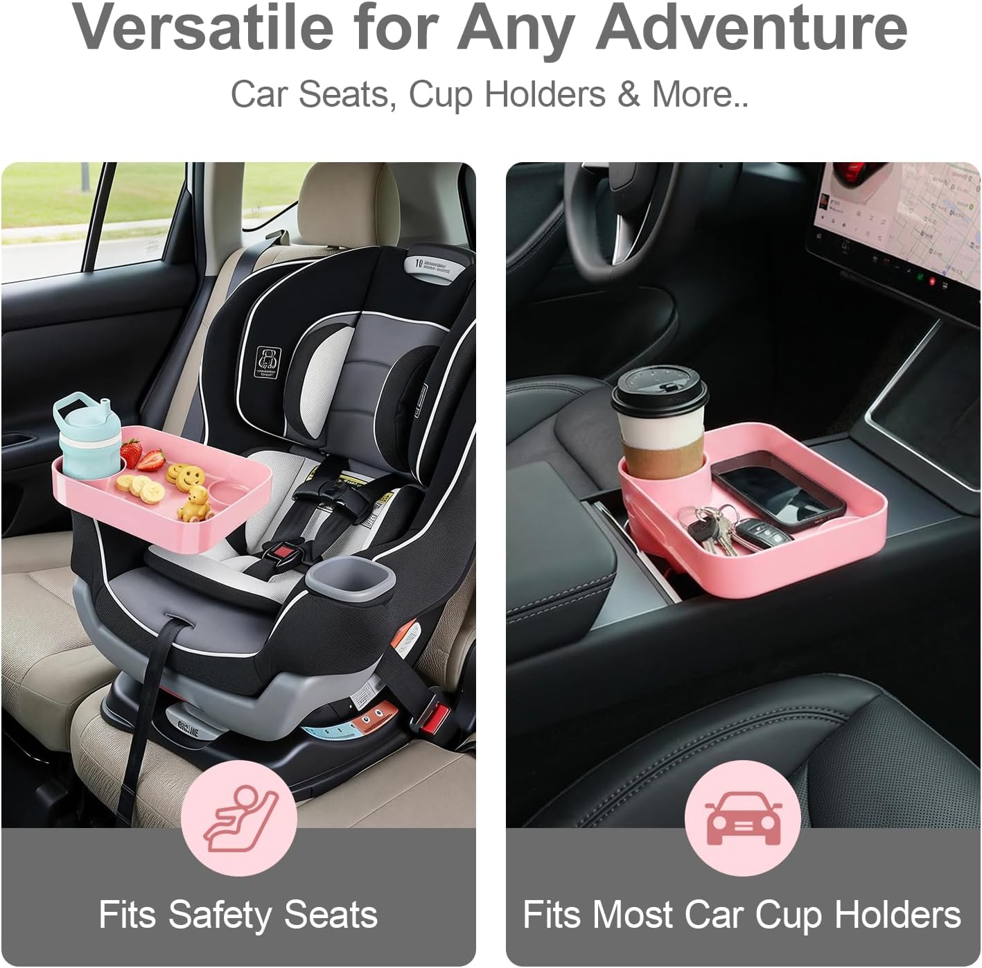 Car Seat Snack Tray for Toddlers - 3 Inch Cup Holder Fits Most Sippy Cups & Straw Bottles with Dip Well, Mess-Free Square Kids Travel Tray Road Trip Essentials, Pink