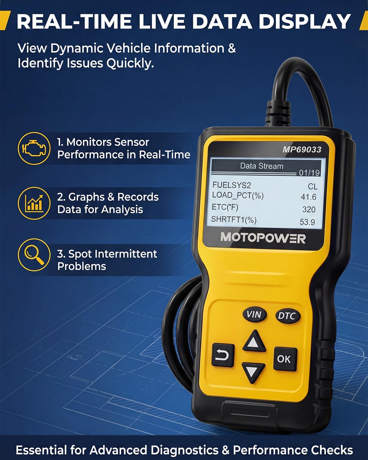 MOTOPOWER MP69033 Car OBD2 Scanner Code Reader Engine Fault Scanner CAN Diagnostic Scan Tool for All OBD II Protocol Cars Since 1996, Yellow