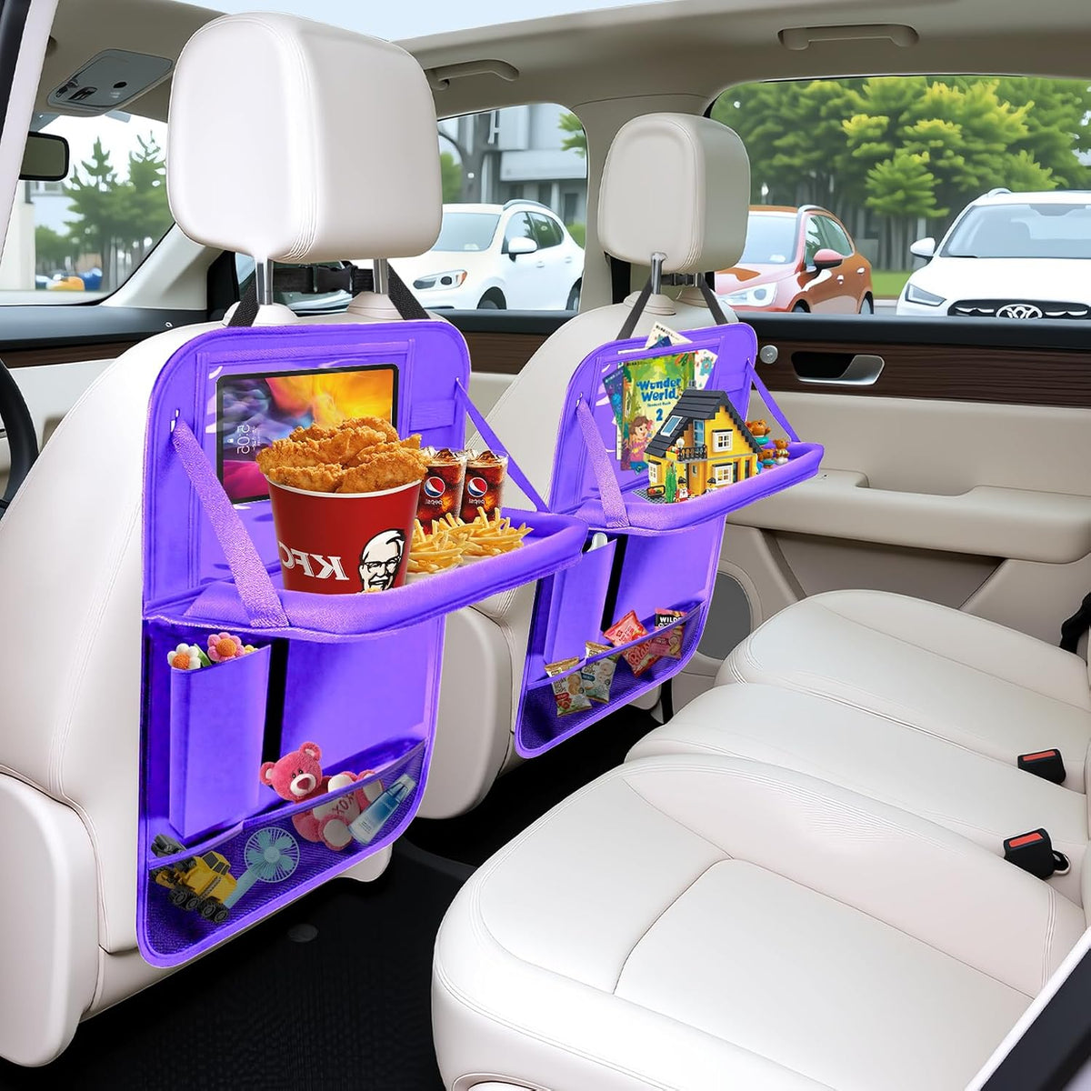 2 Pack Car Backseat Organizer with Foldable Table Tray Purple