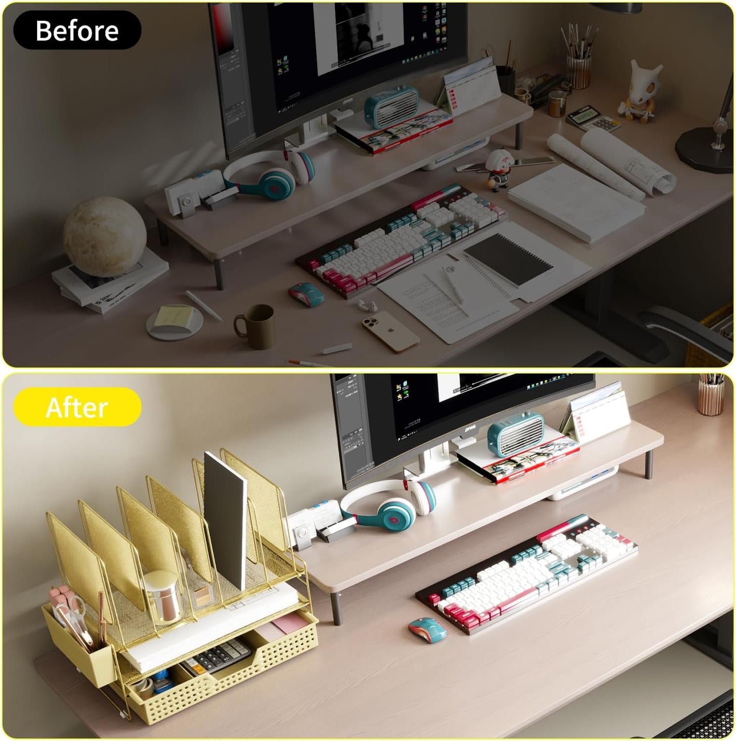 LEKETREE Gold Desk Organizer, Office Organization with Vertical File Holder, File Organizer with Drawer and Pen Holder, Desk Accessories and Workspace Organizers for Home Office (Gold)