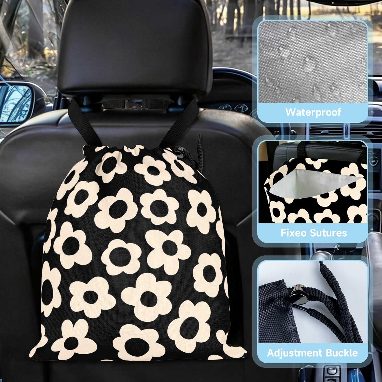 Black Flower Car Trash Bag - Waterproof Car Trash Bag Hanging Leakproof Car Garbage Bag - Washable Reusable Trash Bag for Car Interior Hanging Organizer Storage Vehicle Travelling Camping