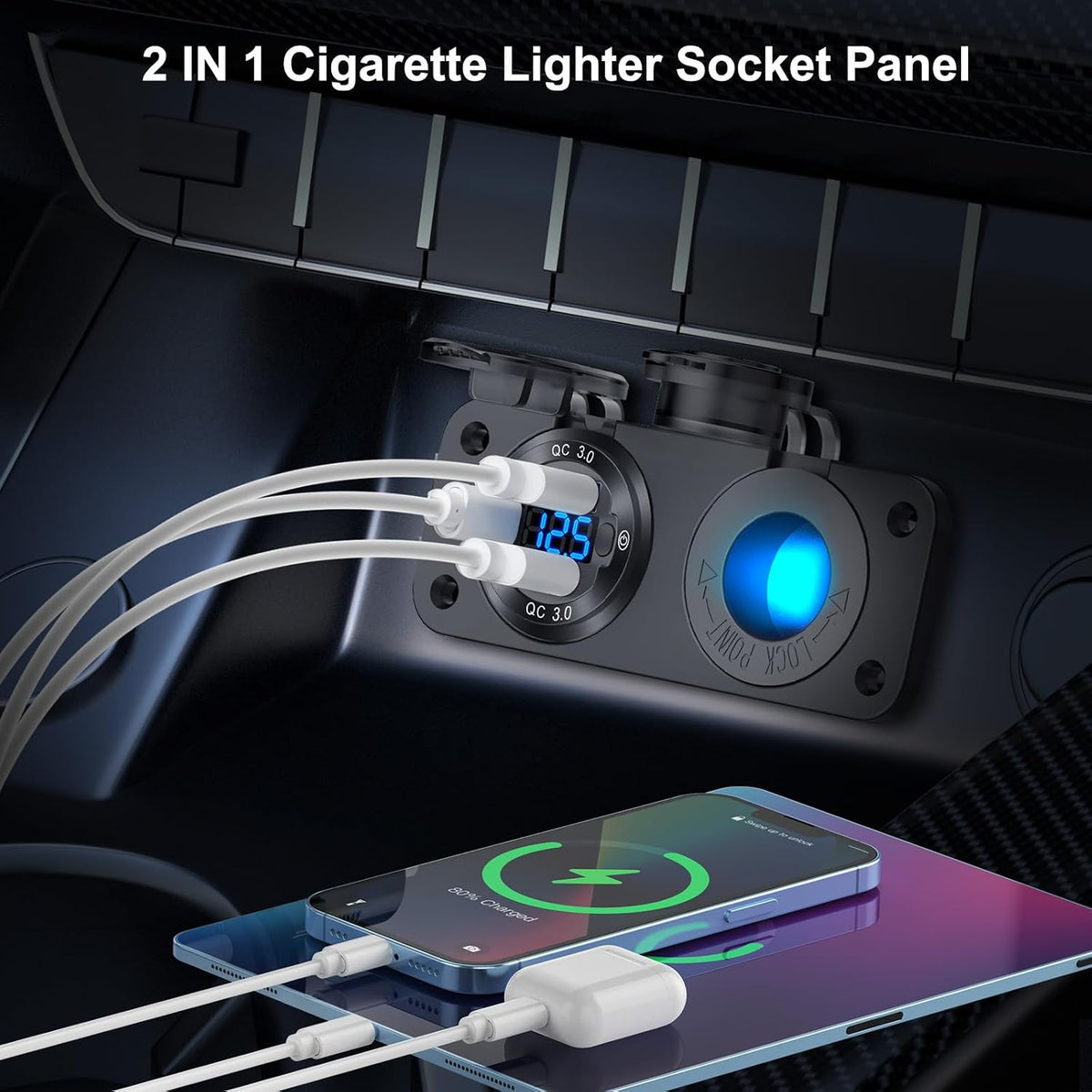 12V USB Outlet Marine Switch Panel Plug, PD3.0 and Dual QC3.0 USB Ports Aluminum Car Charger with LED Voltmeter Power Switch, Lighted 150W Cigarette Lighter Socket 2 in 1 DIY Kit for Boat RV ATV, etc.