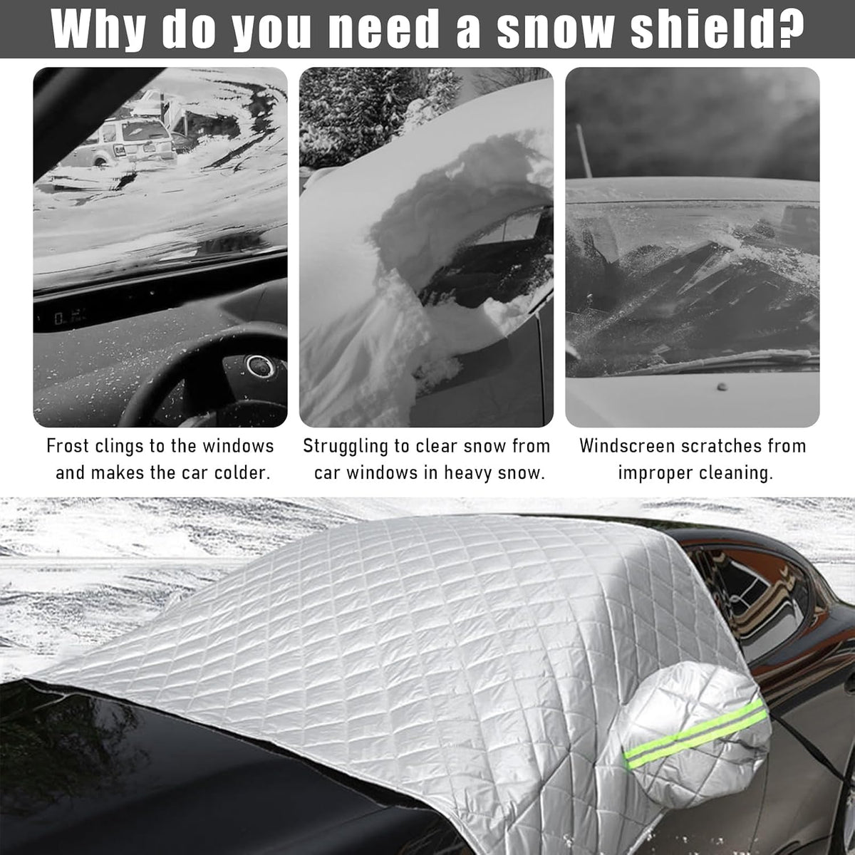 Ohleats Car Windshield Snow Cover, Thickened Windscreen Snow Ice Cover with Side Mirror Cover, Windproof Winter Frost Protector with Storage Bag for Auto SUV Truck, Car Accessories