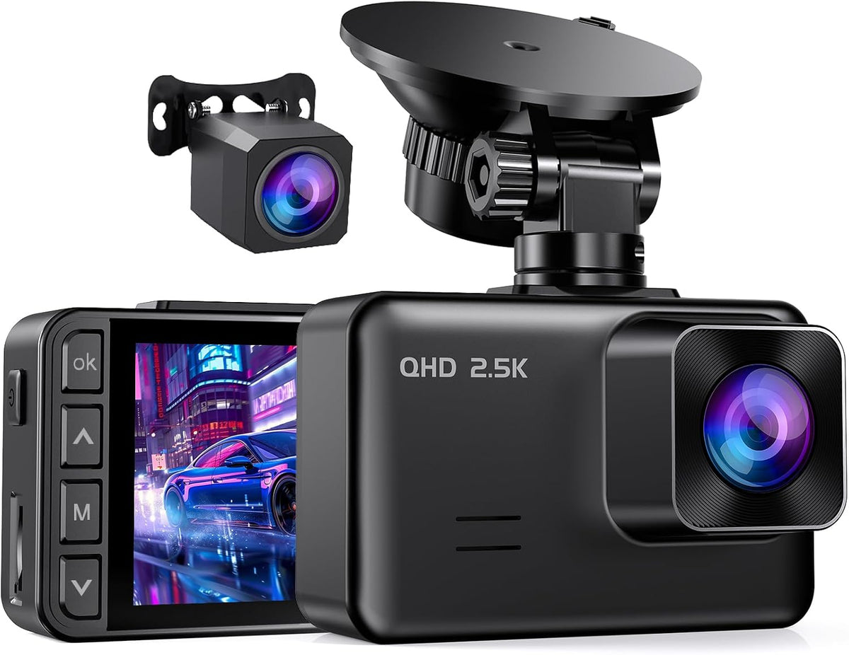 Dash Cam Front and Rear, 2.5K+1080P Dual Camera for Cars, 2" IPS Screen