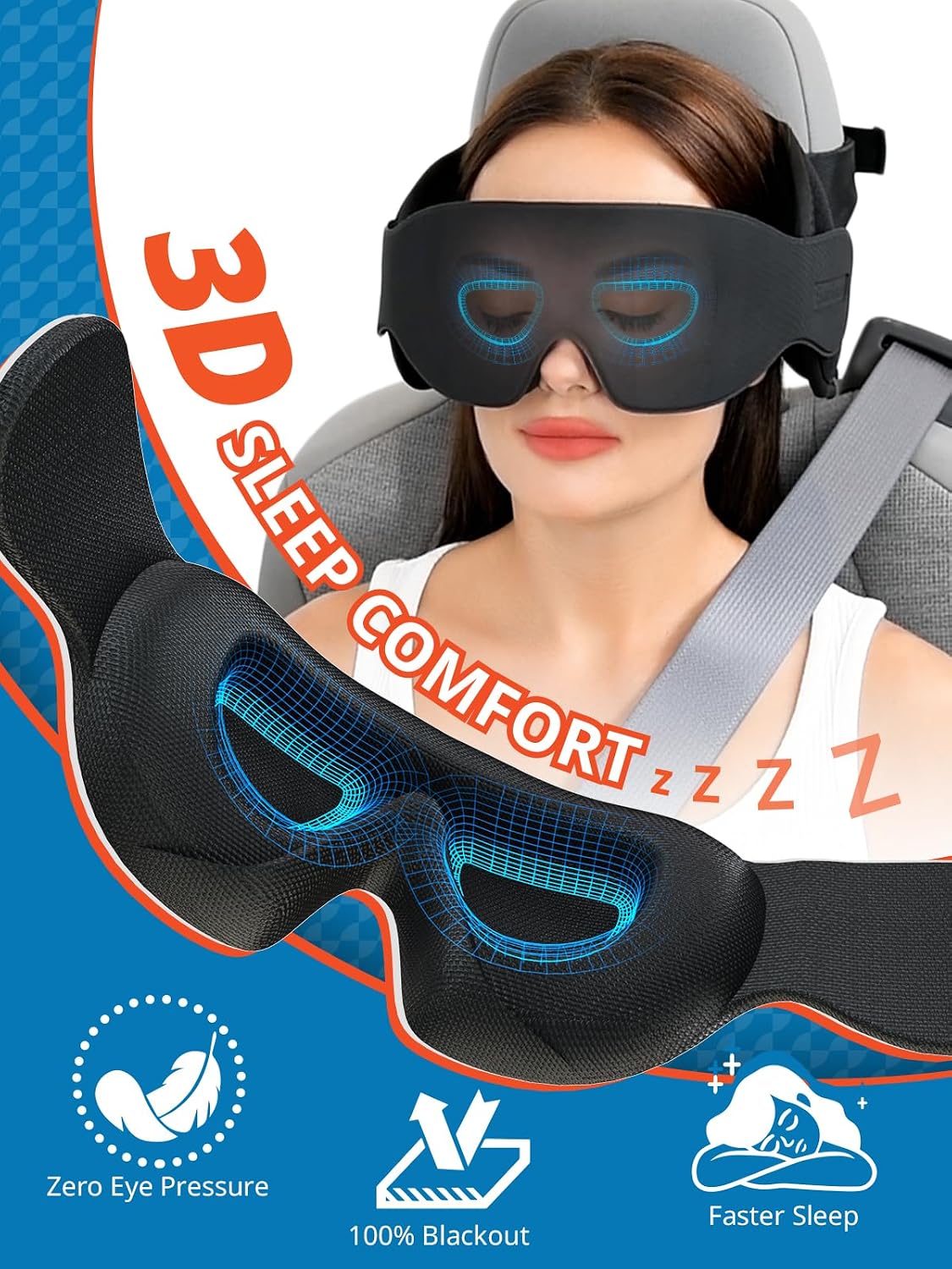 SARISUN Travel Pillow, Car Travel Pillow with 3D Eye Mask for Sleep, 360° Head Support Strap for All Car Seat, Road Trip Essentials, Stop Bobblehead, Black