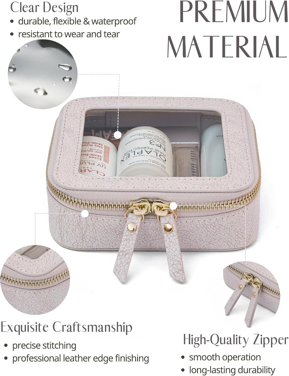Popvibe Clear Makeup Bag Travel Cosmetic Case Transparent Toiletry Bag with Zipper, Portable Make Up Organizer Traveling Compact Car Bag for Essentials, Light Pink, Mini