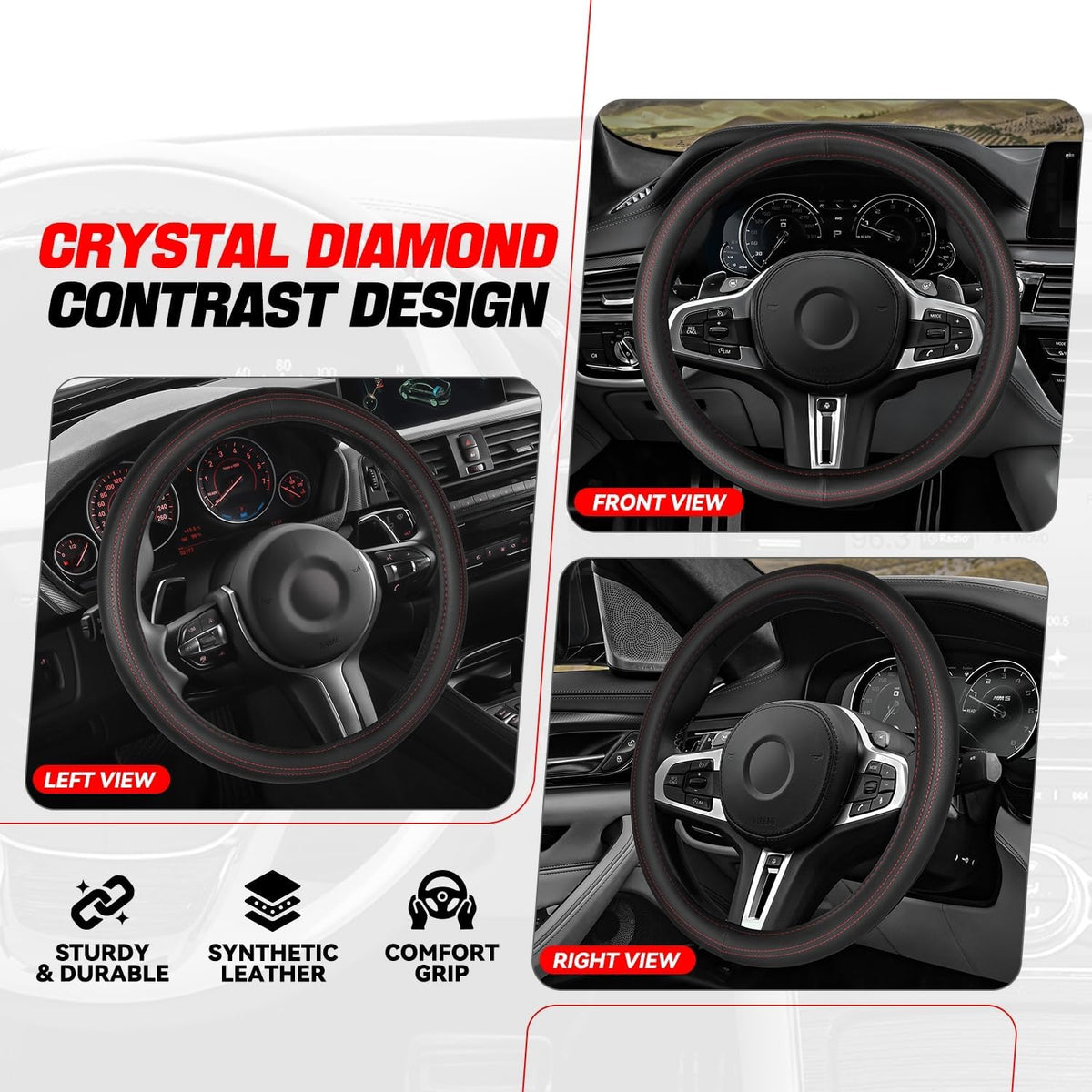 Auto Dynasty Leather Car Steering Wheel Cover Universal 14.5-15 Inch