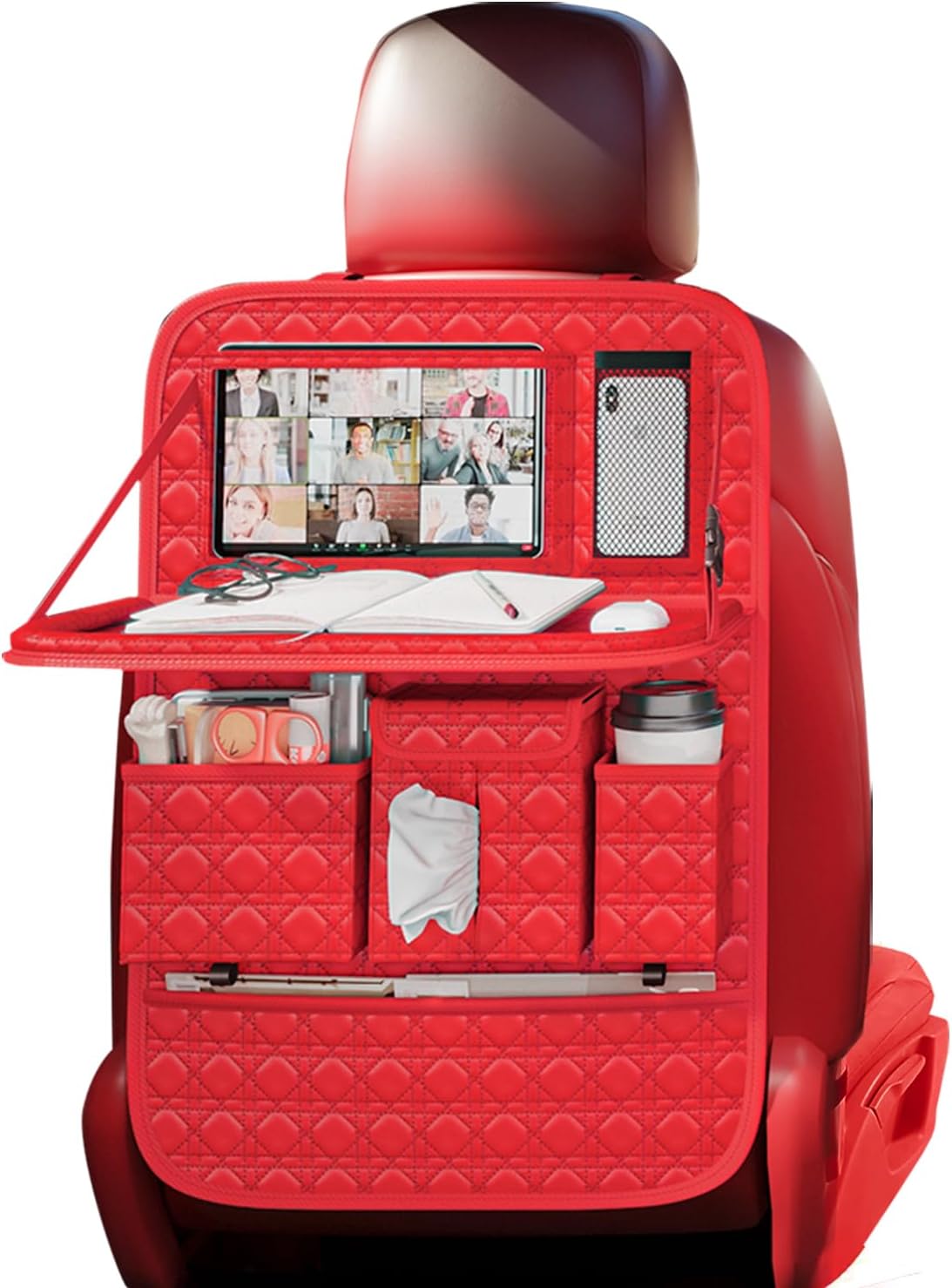 GMQ Backseat Car Organizer 1 Pack, Car Back Seat Organizers with Tray,Multifunctional Car Seat Back Organizer with Foldable Tablet Holder (Red, 1 PC)