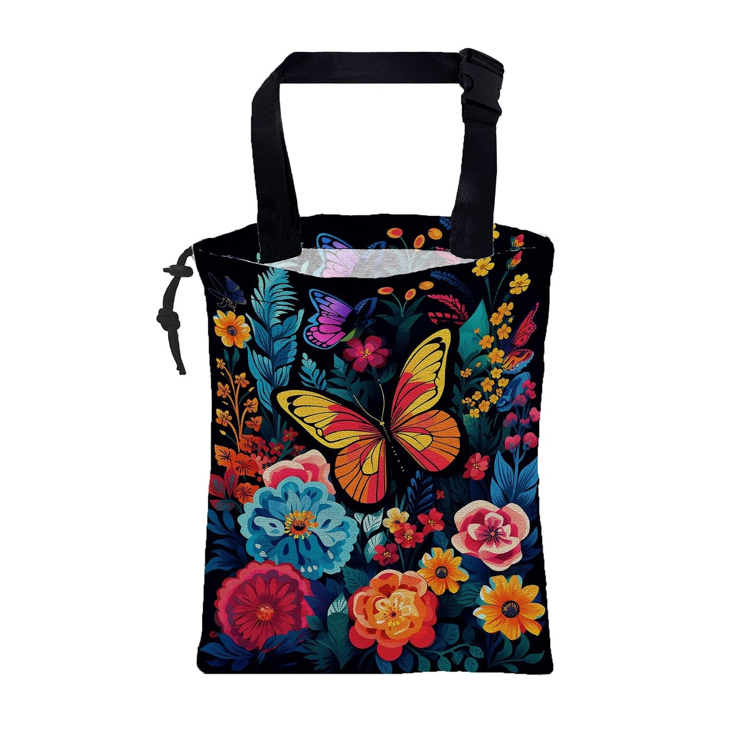 Car Garbage Bag Colorful Flowers and Butterflies Hanging Canvas Car Trash Bag Waterproof Drawstring Car Back Seat Organizer for Car Back Front Seat Console with Adjustable Buckle