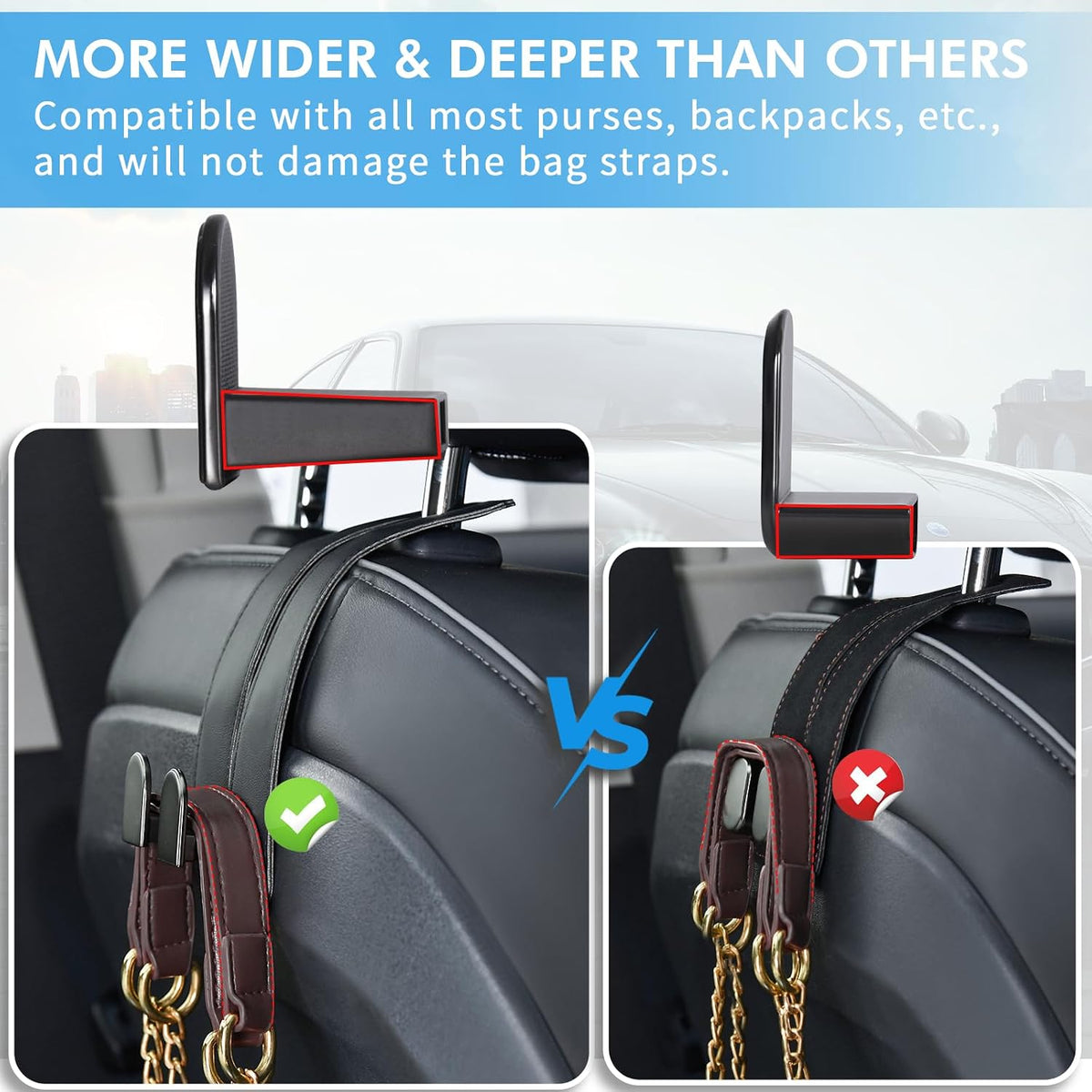 Car Hooks for Headrest, Leather Car Seat Back Storage Organizer Interior Accessories, More Wide & Deep Auto Seat Hook Hangers for Purse Umbrellas Handbag Clothes Coats Grocery Bags (Black-4 Pack)