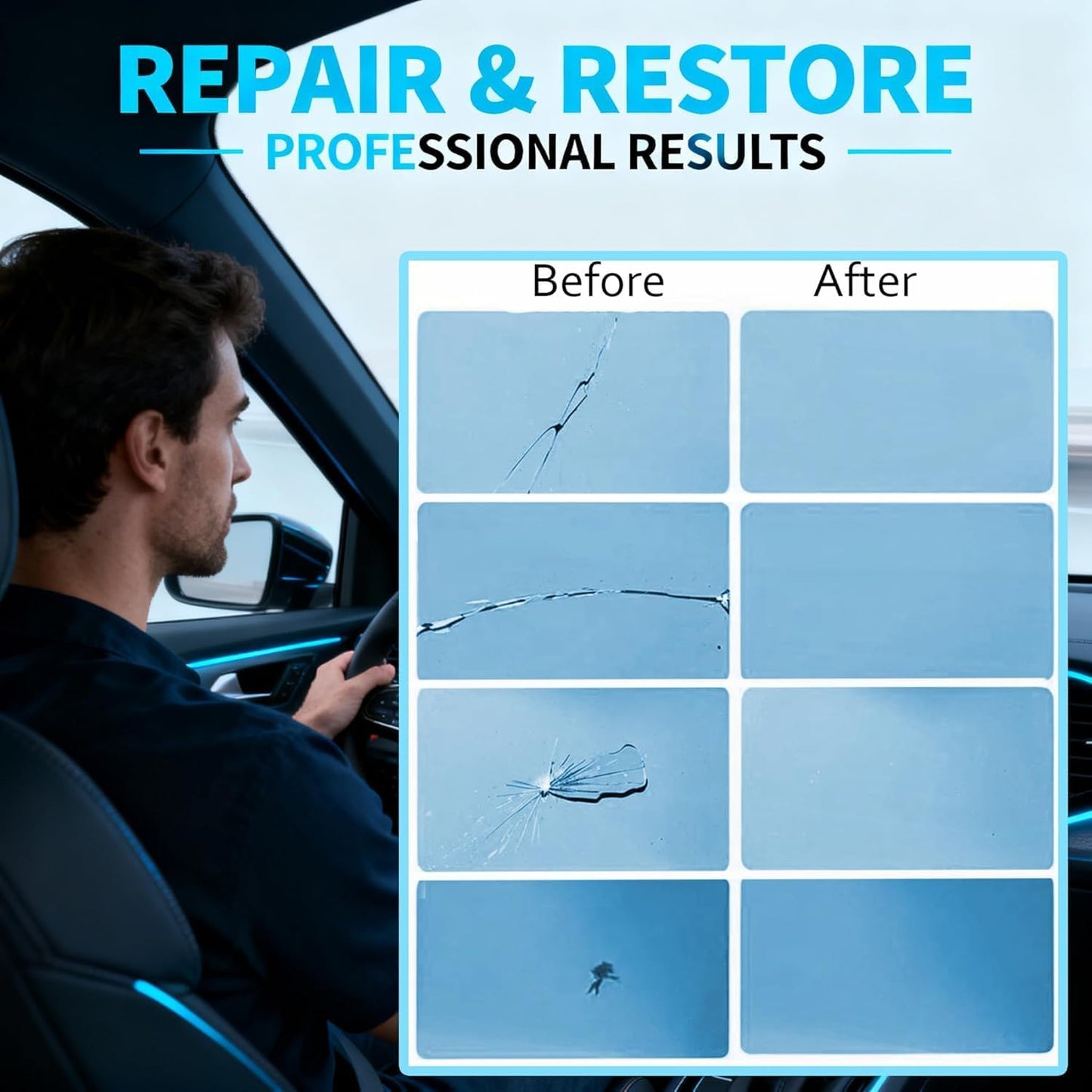 Windshield Repair Kit, Windshield Crack Repair Kit,2 Pcs Car Glass Repair Kit Quick Fix for Chips & Cracks, Windshield Chip Repair Kit, Automotive Nano Repair Kit（Blue）