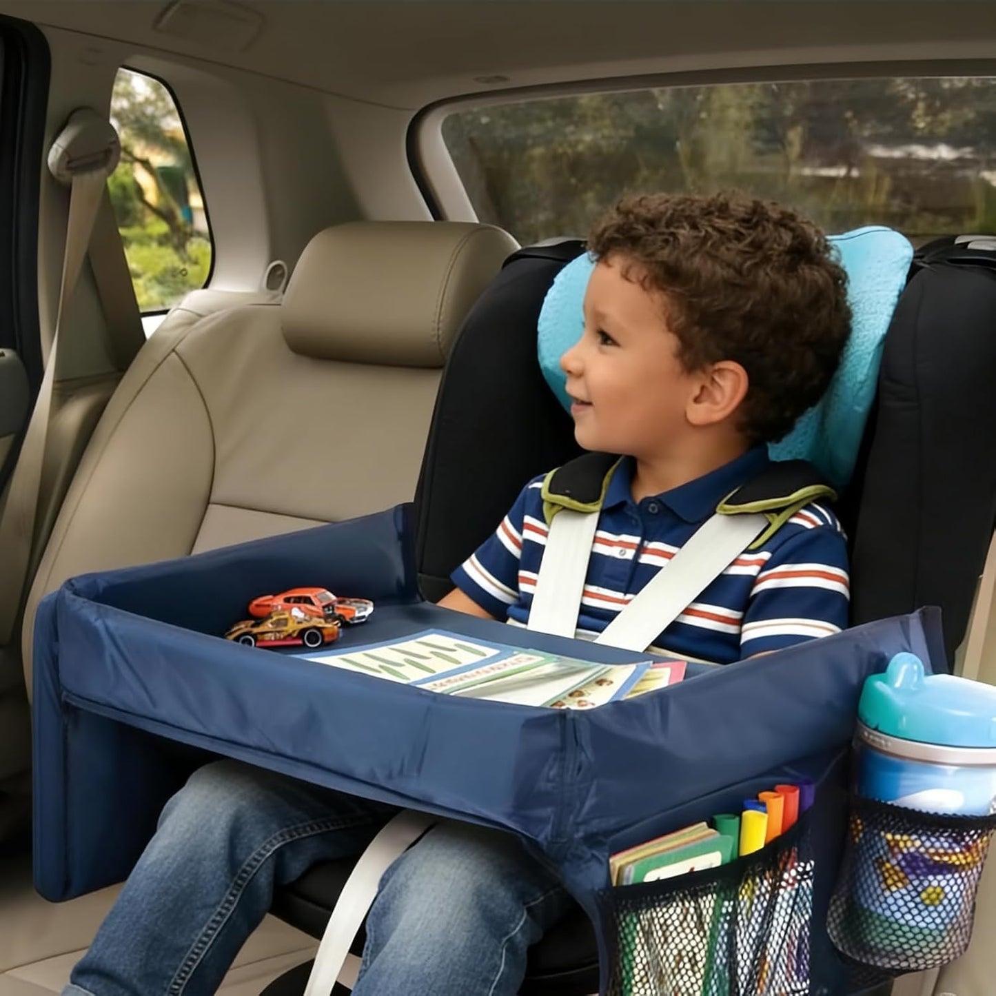 Kids Travel Tray for Car Seat - Toddler Road TripEssentials with Drawing Kit, Lap Desk Organizer for Car &Airplane