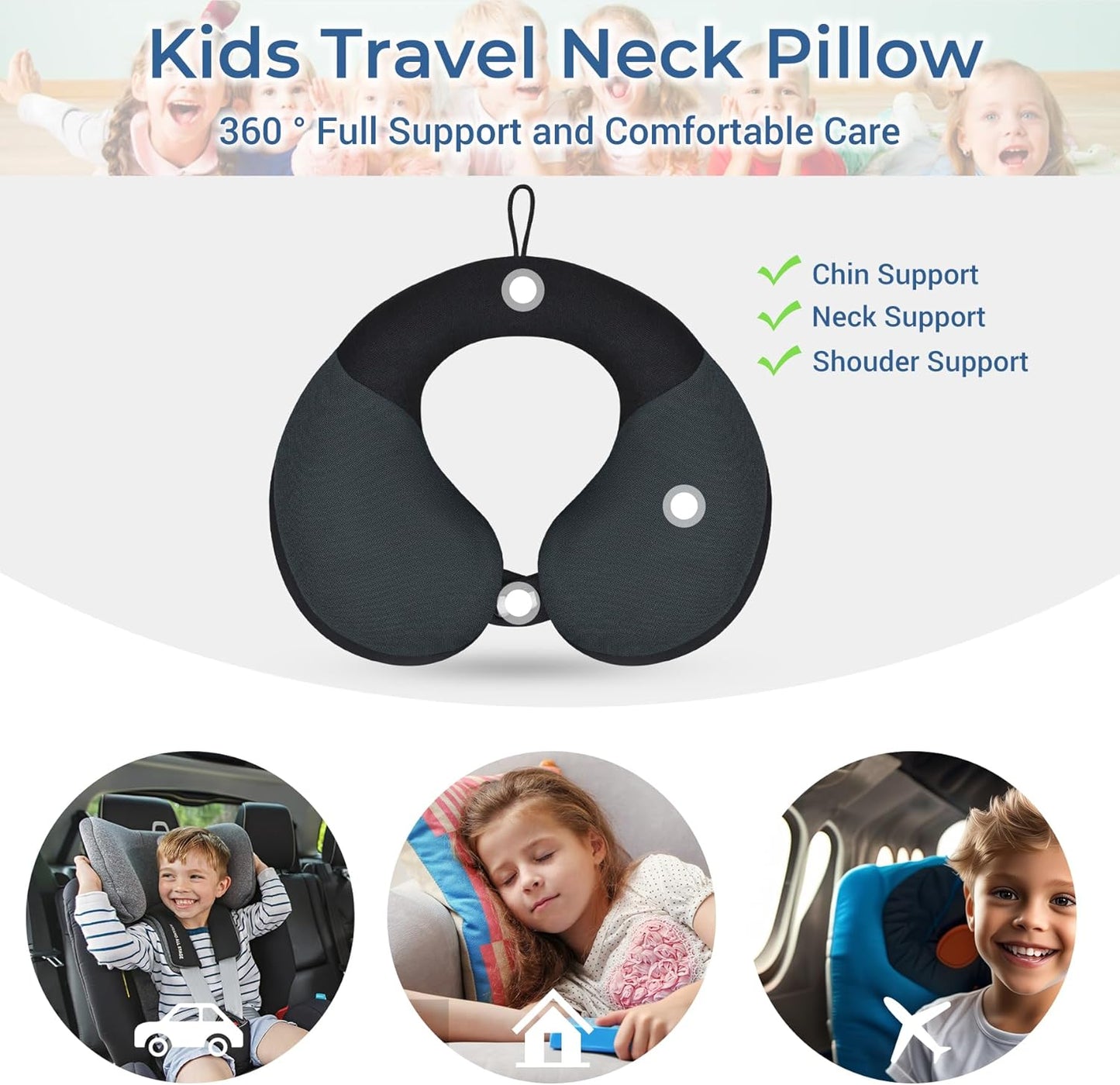 COOLBEBE Kids Travel Neck Pillow for Airplane & Car, Soft Breathable Fabric, Ergonomic Side Support for 3-12 Year Olds, Adjustable Snap Button, Travel Essential for Boys & Girls, Black & Grey