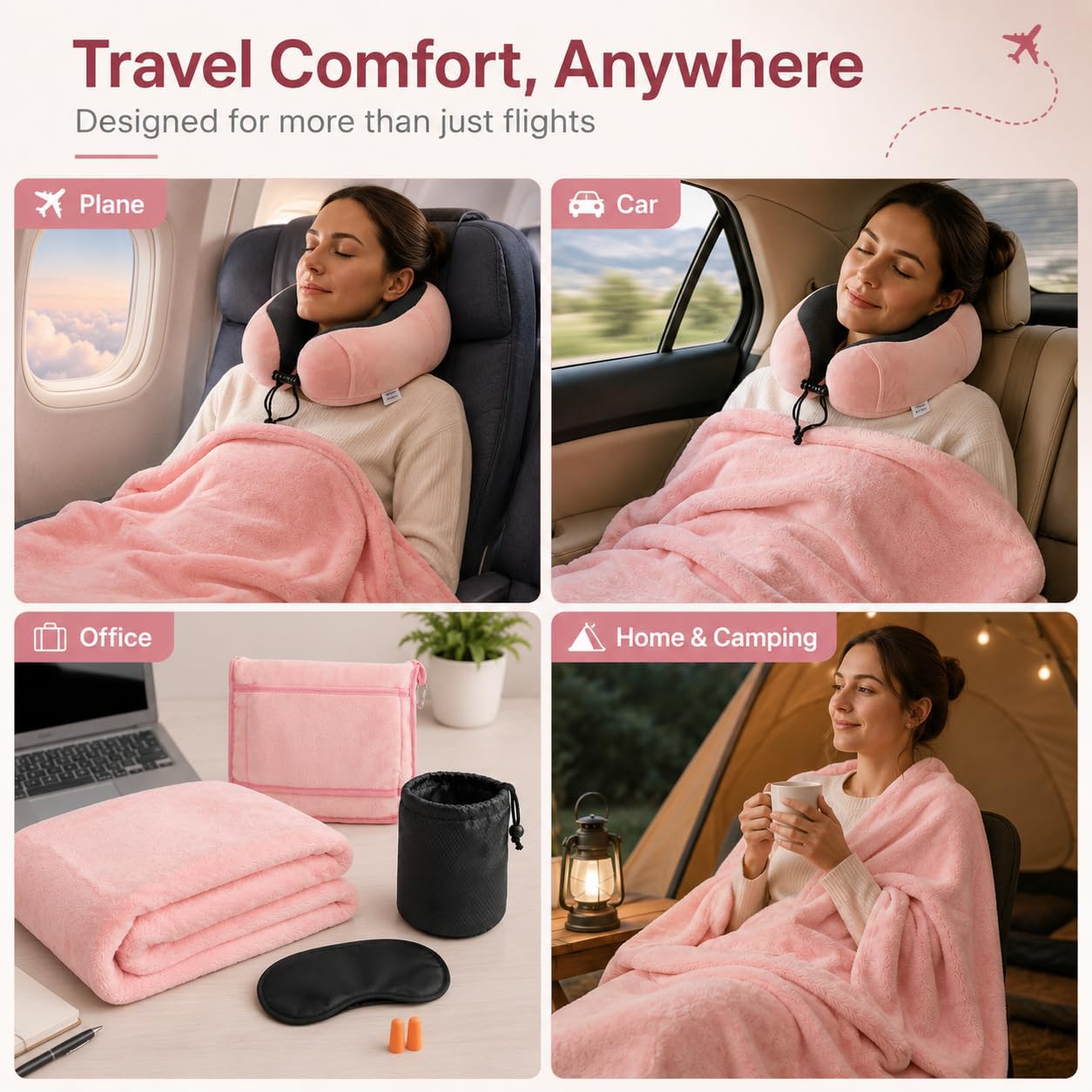 Travel Blanket and Pillow Set - Travel Neck Pillow & Blanket for Airplane, Thick Fleece Blankets Campact with Bag, Memory Foam Neck Pillows, Sleep Mask, Earplugs for Plane Traveling Essentials, Pink
