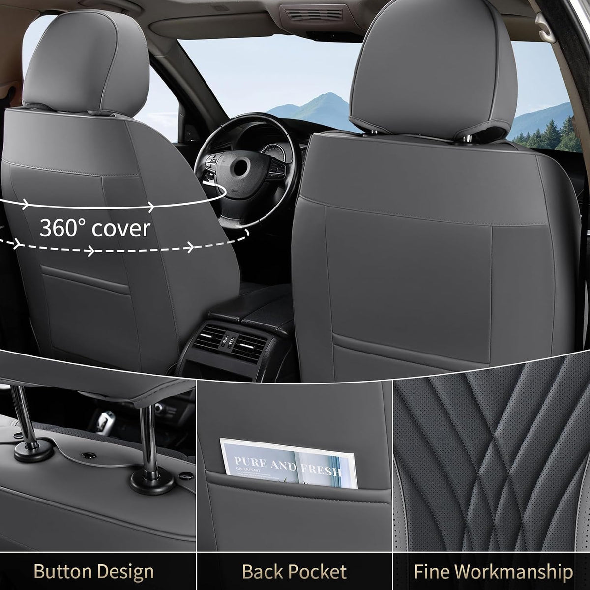 FLORICH Seat Covers, Front Leather Seat Covers, Car Seat Covers 2 PCS,Waterproof Seat Cover for Cars, Luxury Leatherette Gary Car Seat Cushion, Automotive Seat Covers for Sedan SUV Pick-up Truck