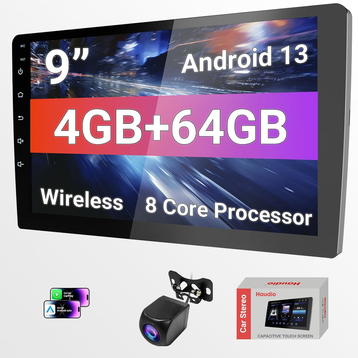 Haudio 9 Inch Double Din Android 13 Car Stereo, 4GB+64GB 8-Core Touchscreen Radio with Wireless CarPlay & Android Auto, DSP, GPS, Bluetooth, WiFi, FM/AM/RDS, 720P AHD Backup Camera