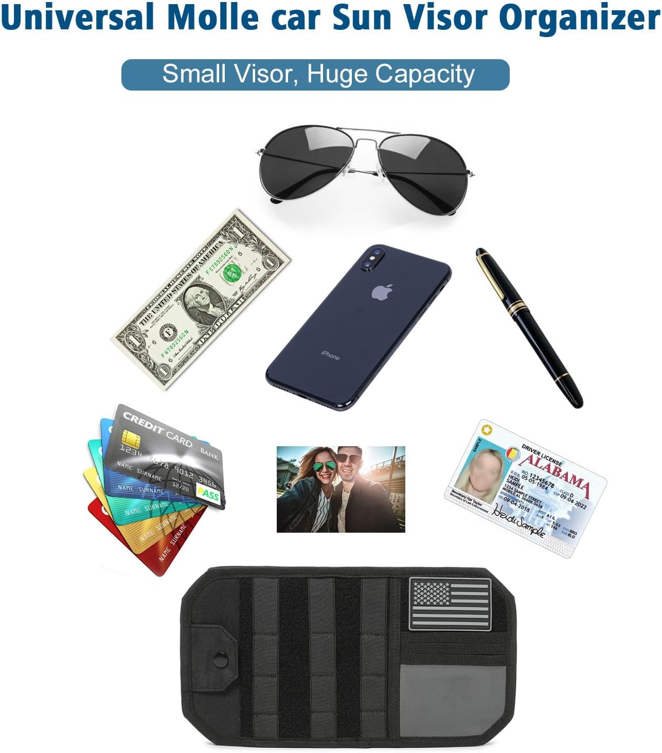 MOLLE Car Sun Visor Organizer, Semi-Rigid No-Sag Panel with Zipper Pouch, Glasses Clip & ID Slot, Tactical Visor Storage for Trucks SUVs Cars