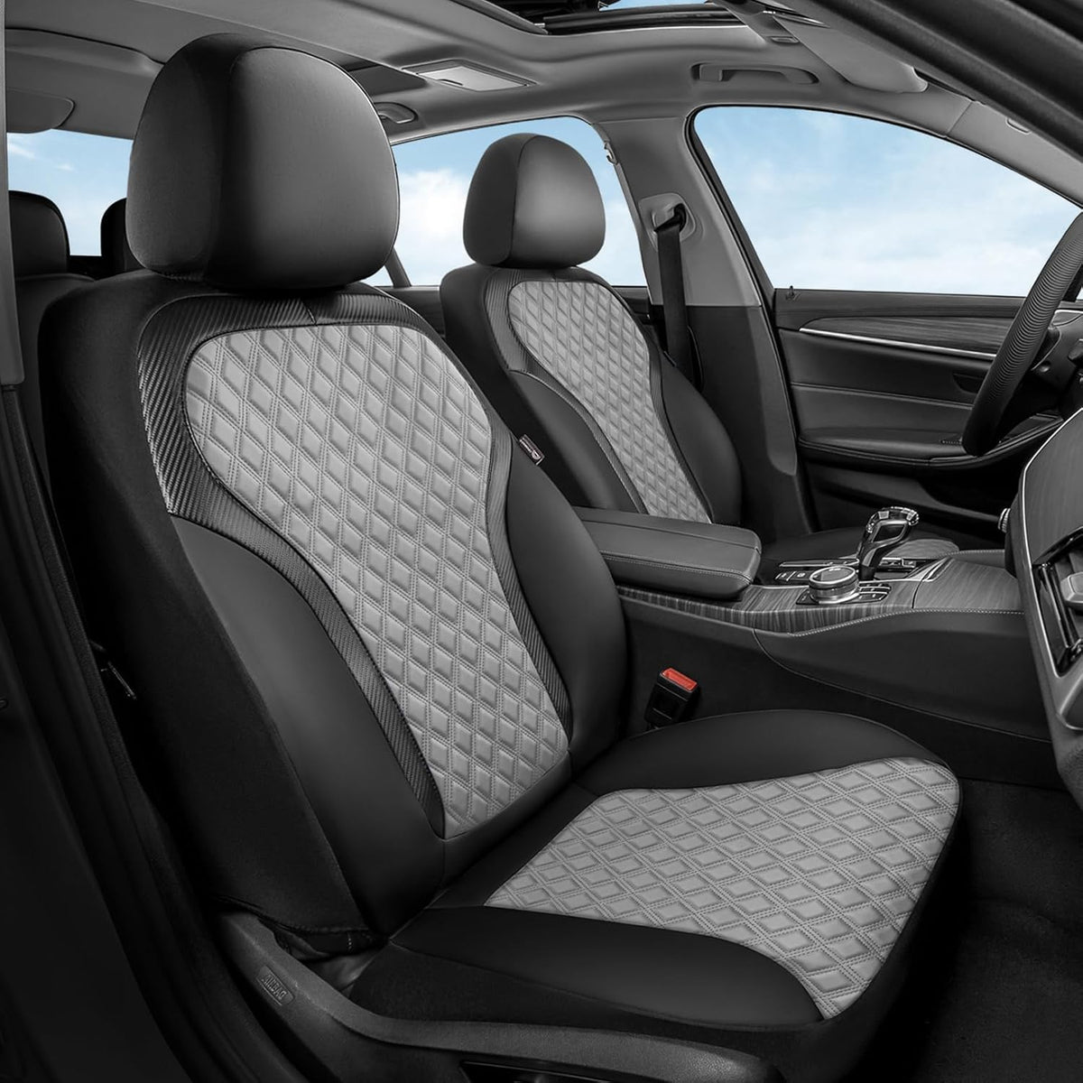 Coverado Car Seat Covers for Front Seats, Luxury Leather Car Seat Cover with Carbon Fiber Weave, Waterproof Automotive Seat Protectors, Driver Seat Covers Universal Fit Most Cars, Black&Gray