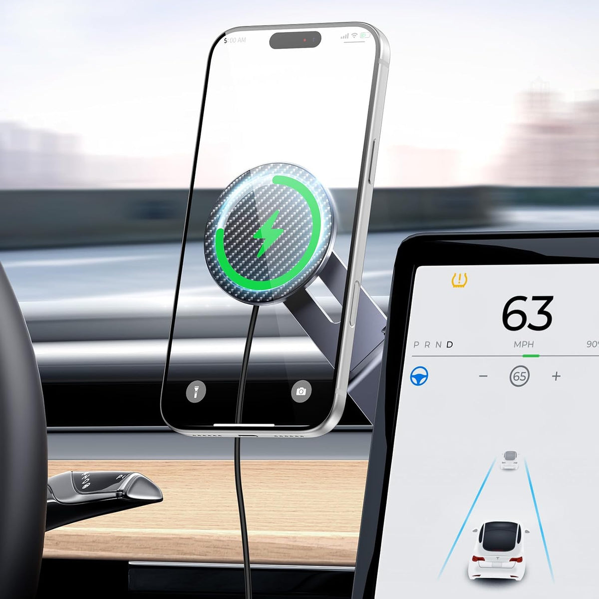 Tesla Phone Mount with 15W Fast Charging, Foldable Hidden Car Holder for Tesla Model 3 / Y/Cybertruck, 360° Rotatable Dashboard Screen Bracket with Ultra-Strong N52 Magnets