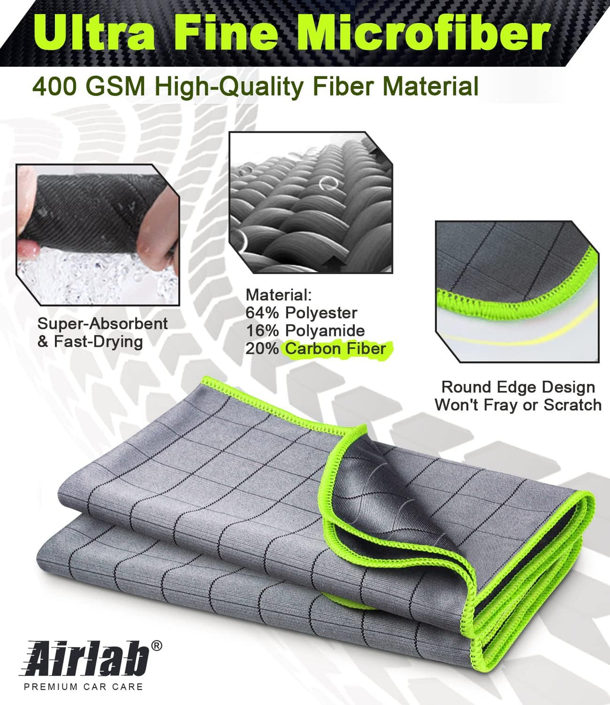 Airlab Carbon Microfiber Towels for Car Glass Window Polishing, Grey-Green