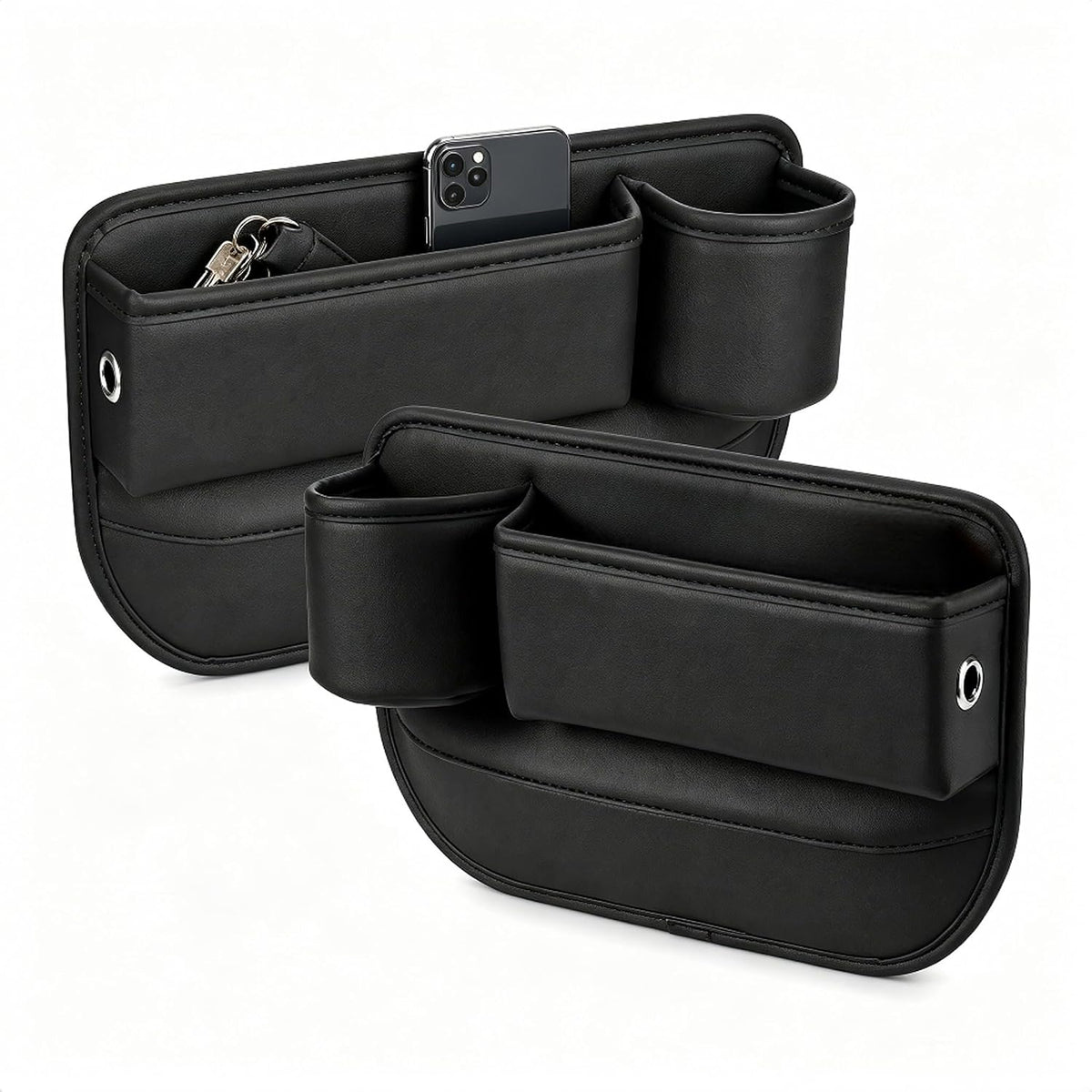 2 Pack Leather Car Seat Gap Organizer Filler with Cup Holder | PVC Leather Seat Gap Filler, Universal Front Seat Storage Box for Cell Phones, Wallets, Keys, Cards, Interior Accessories