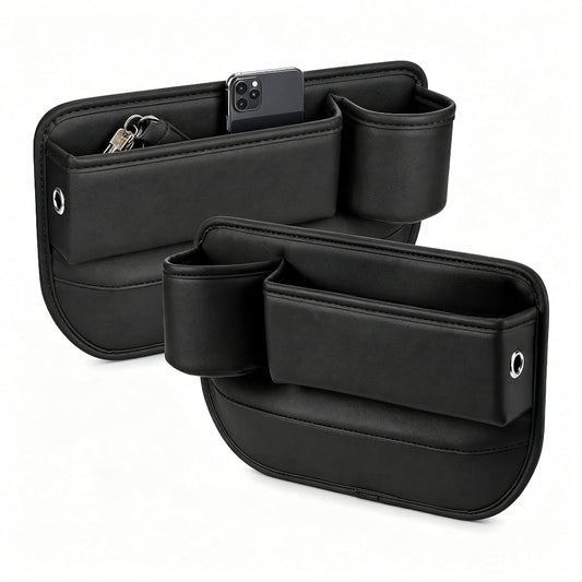 2 Pack Leather Car Seat Gap Organizer Filler with Cup Holder | PVC Leather Seat Gap Filler, Universal Front Seat Storage Box for Cell Phones, Wallets, Keys, Cards, Interior Accessories