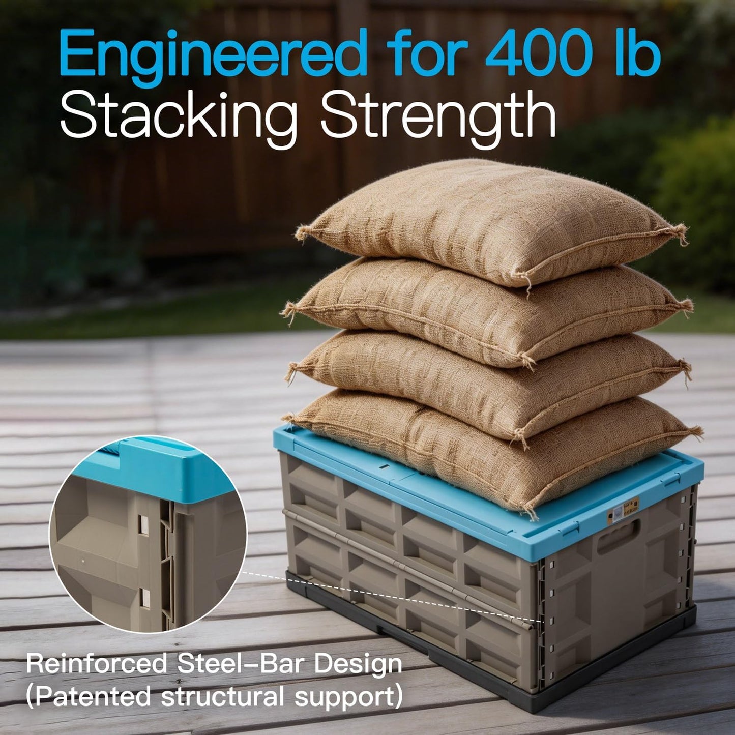 Heavy Duty Collapsible Storage Bins, Attached Lids, 12 Gal, 2 Pack | 400 LBS Stacking Strength, Secure Slide Lock, Durable PP Plastic, For Garage / RV / Car Trunk / Moving