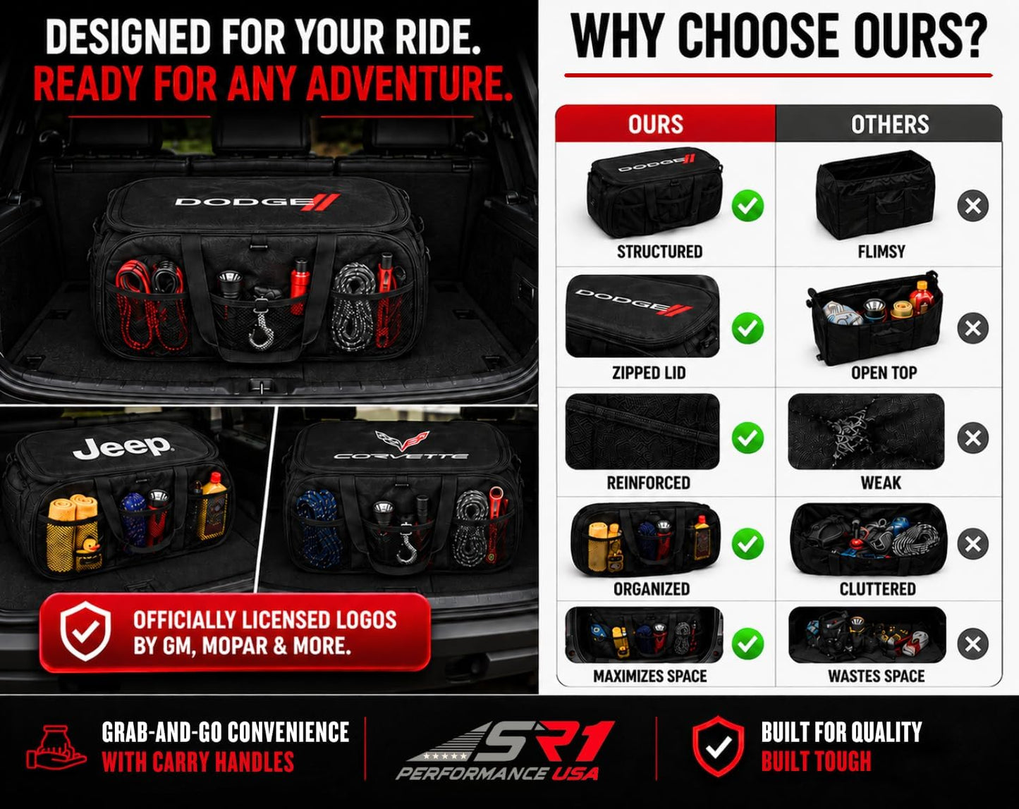 SR1 Performance USA C7 Corvette Trunk Organizer – Expandable Pop Up Collapsible Cargo Storage Caddy for 2014-2019 Chevrolet Corvettes – Black with Crossed Flags Logo