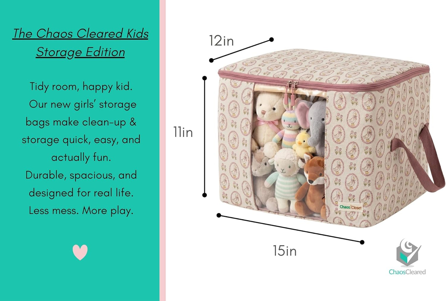 Chaos Cleared Kids Storage Bags – 100% Cotton Canvas Toy & Clothes Organizer with Cute Design – Storage Bin for Stuffed Animals, Baby Items & Clothes with Zipper & Handles (Pink Duck Print)