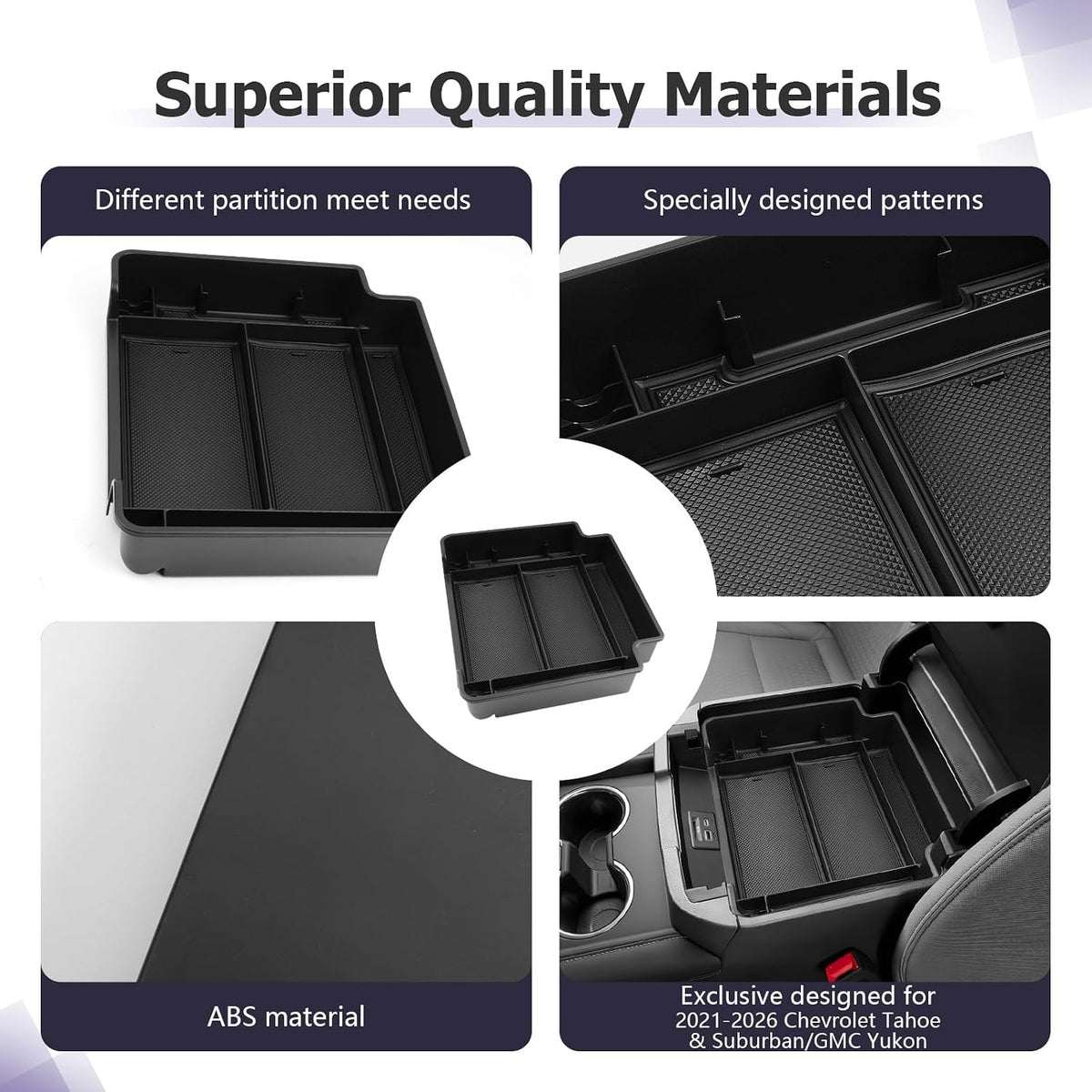 LUWU Console Organizer for 2021-2026 Tahoe & Suburban/GMC Yukon Accessories(ONLY for Standard Console w/Charging Socket) - NOT for Power Sliding Console Center Console Organizer Tray ABS Materials