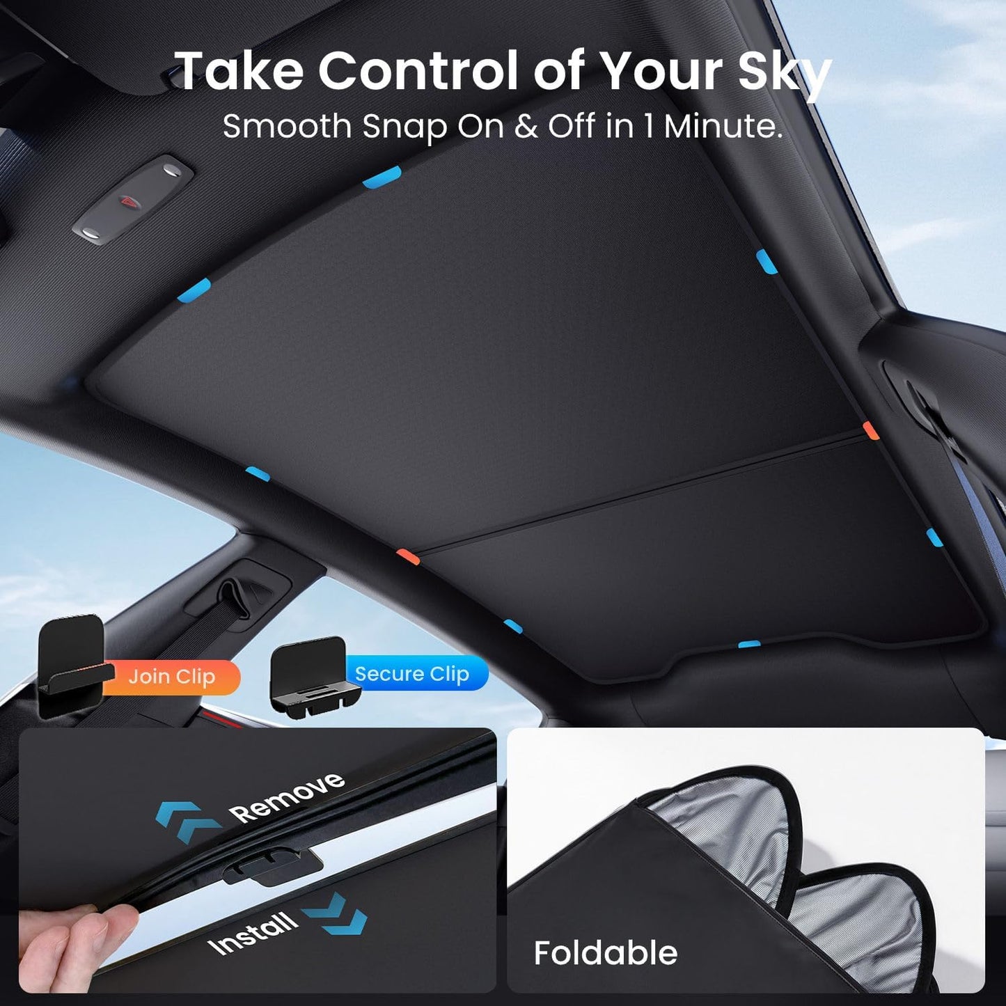 REEVAA 2026 Upgraded Tesla Model Y New (Juniper) Sunshade Roof [No Gaps, No-Sagging] Model Y Accessories Heat Insulation Foldable Glass Sunroof Cover for Model Y Juniper 2025-2026, 2PCS, Black